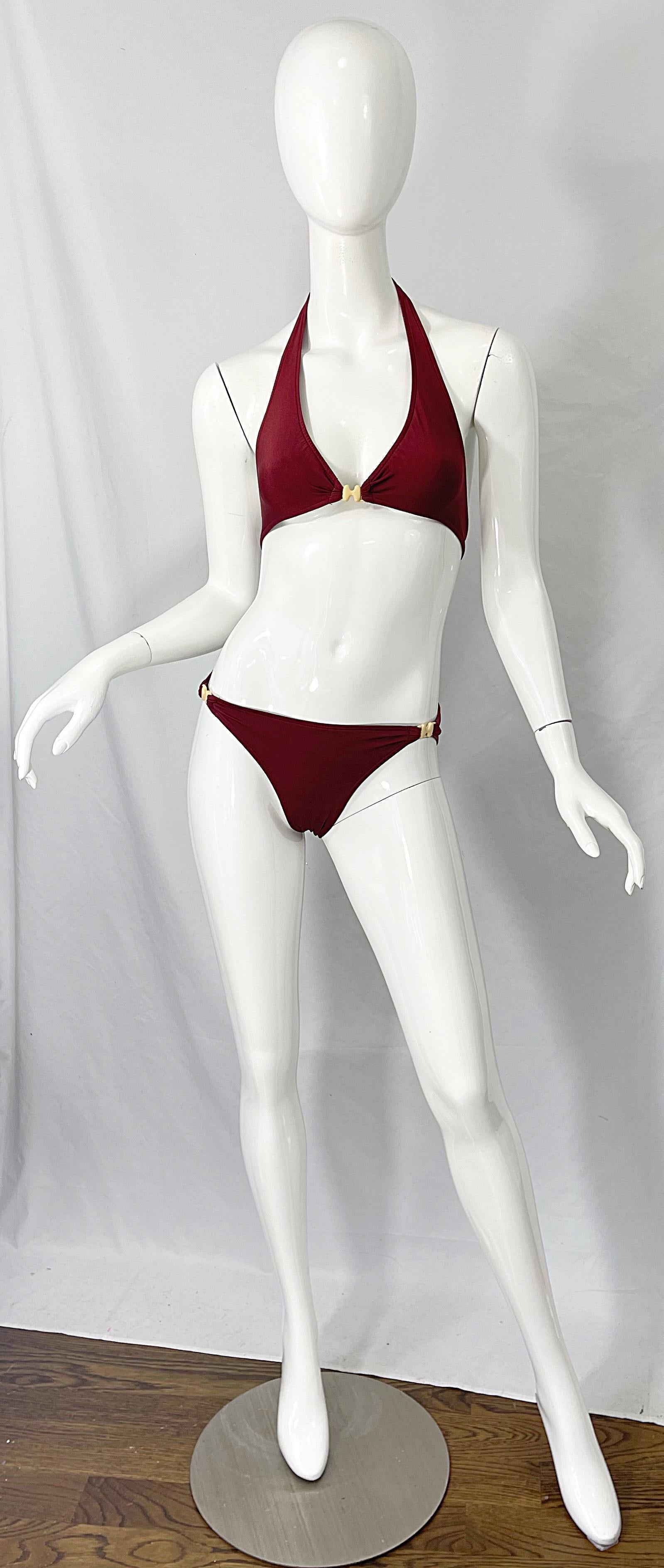 Bikini deux pièces vintage Halston des années 1970 marron rouille avec boucles en forme de H et logo en vente 9