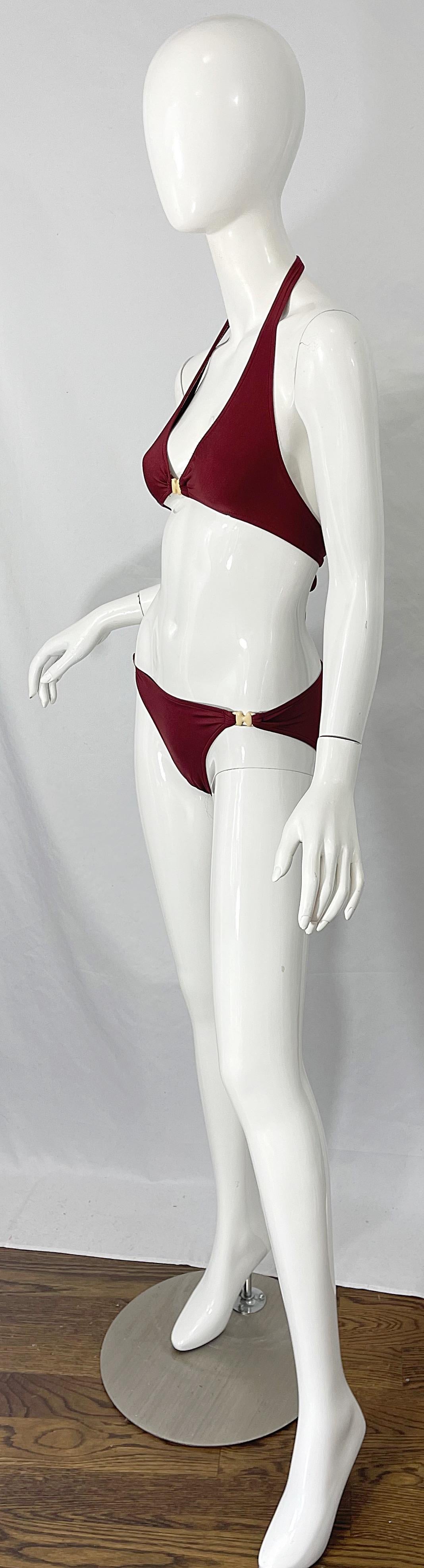 Halston, zweiteiliger Bikini-Badeanzug, braun, Rost, H-Logo-Schnallen, 1970er Jahre Damen im Angebot
