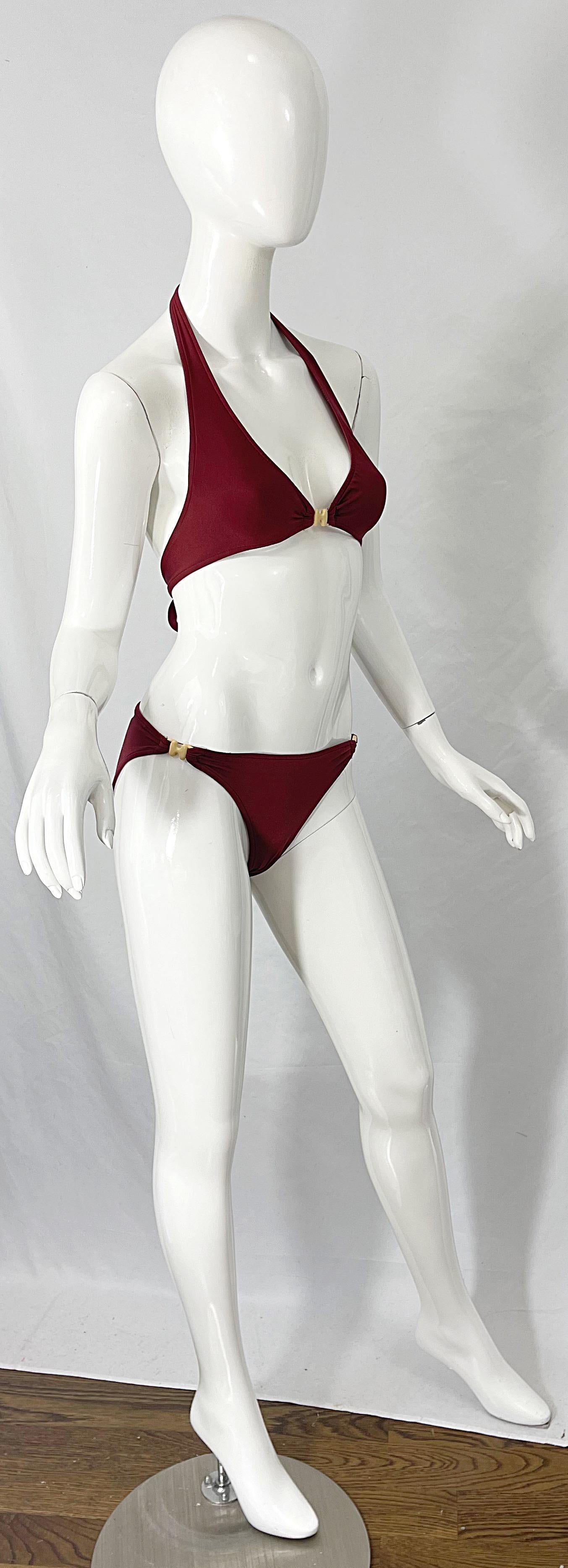 Halston, zweiteiliger Bikini-Badeanzug, braun, Rost, H-Logo-Schnallen, 1970er Jahre im Angebot 3