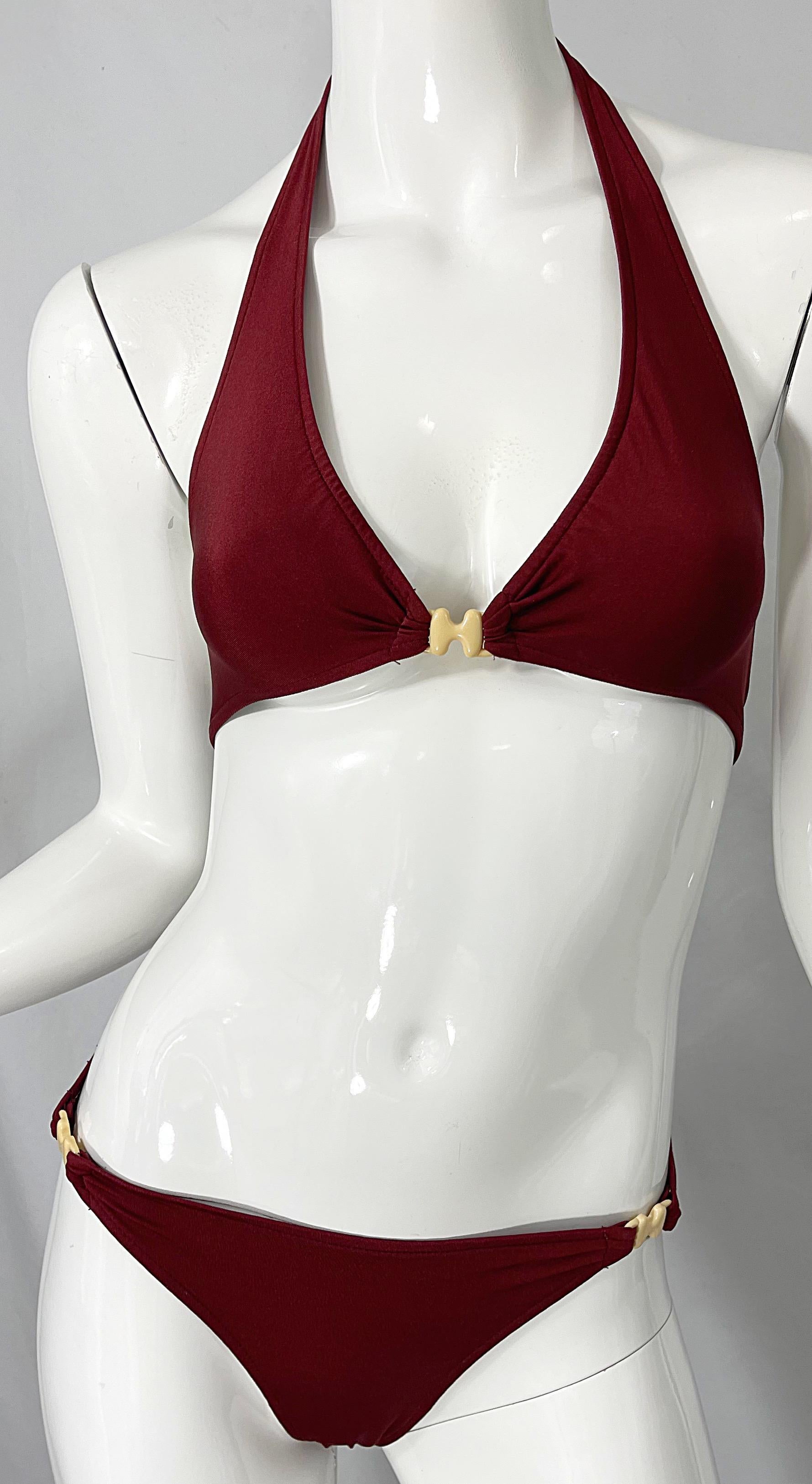 Halston, zweiteiliger Bikini-Badeanzug, braun, Rost, H-Logo-Schnallen, 1970er Jahre im Angebot 4