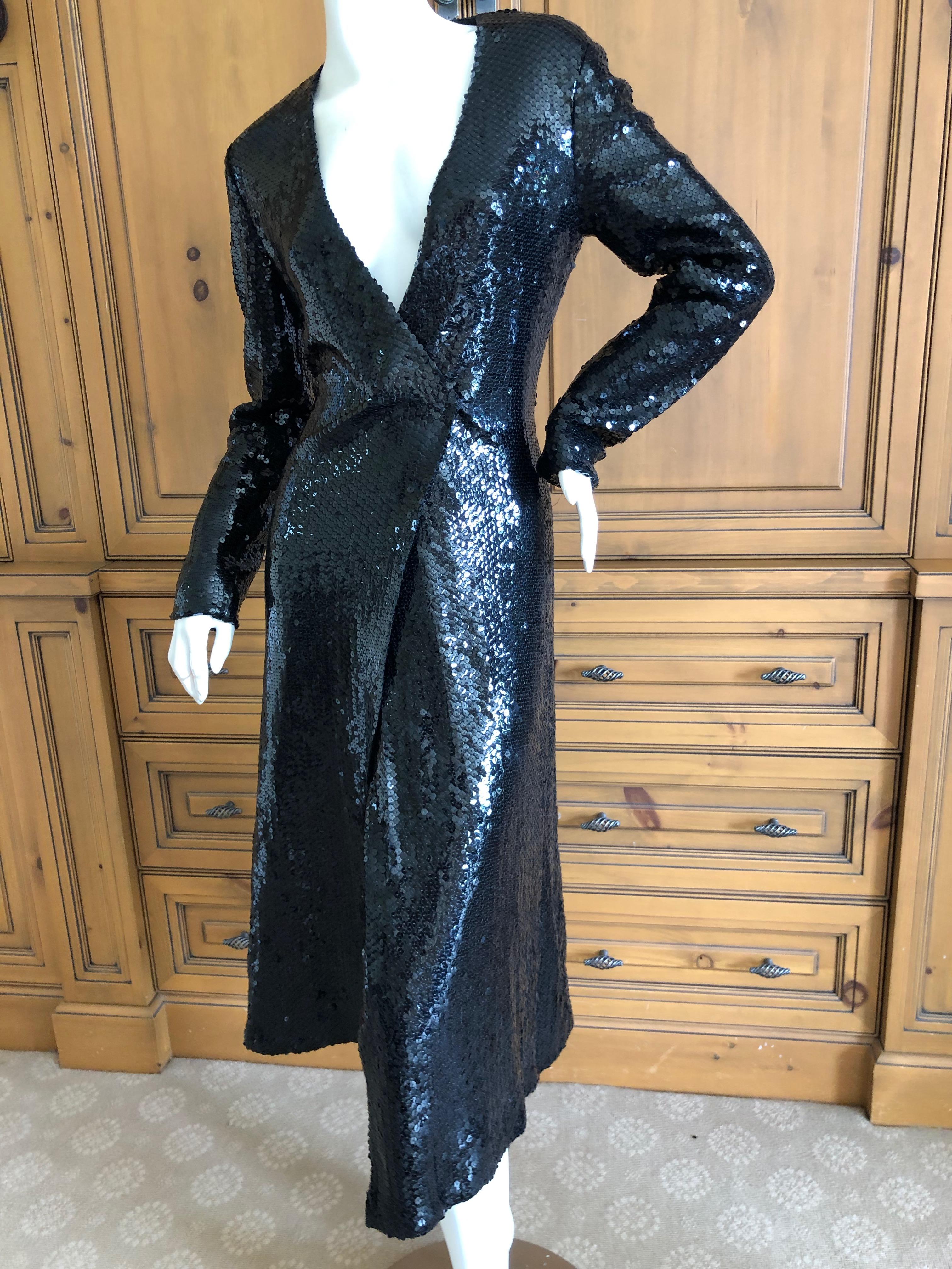 Halston 1970's Disco Era Low Cut Sequin Little Black Wrap Style Dress 4