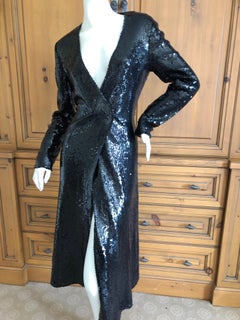 Halston 1970's Disco Era Low Cut Sequin Little Black Wrap Style Dress