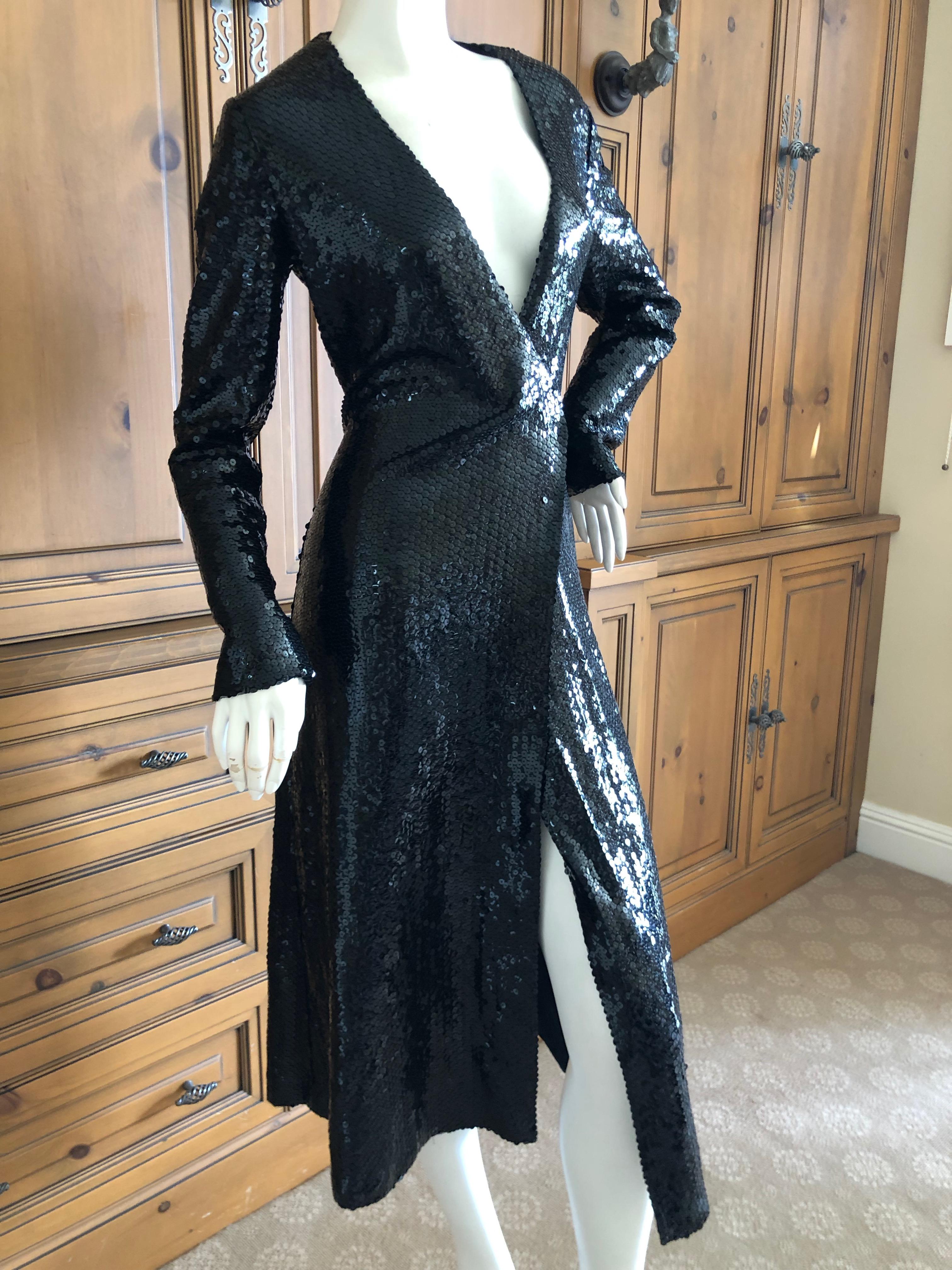 Halston 1970's Disco Era Low Cut Sequin Little Black Wrap Style Dress In Excellent Condition In Cloverdale, CA