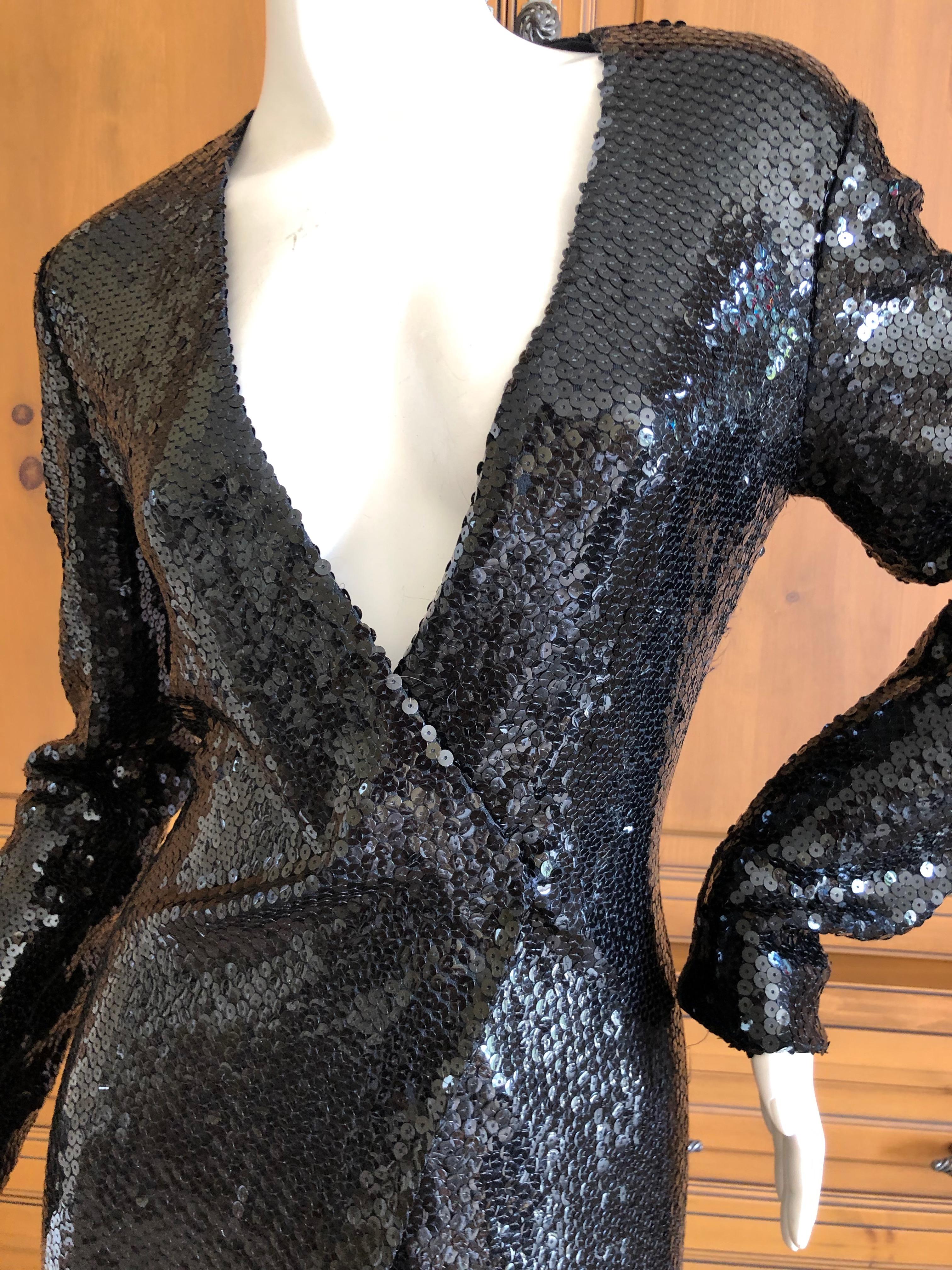 Halston 1970's Disco Era Low Cut Sequin Little Black Wrap Style Dress 1