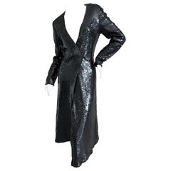 Halston 1970's Disco Era Low Cut Sequin Little Black Wrap Style Dress