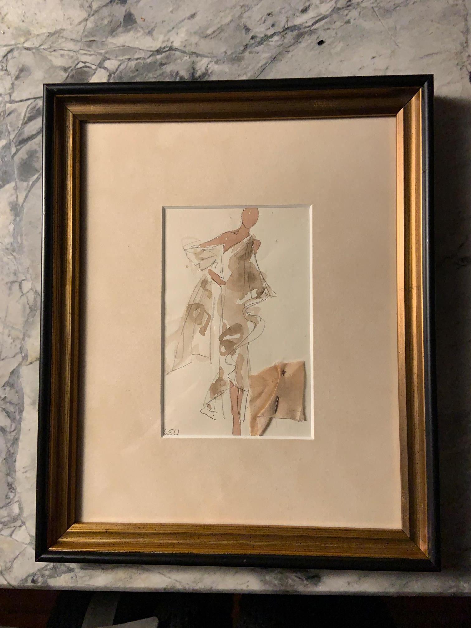 This is a rare original Joe Eula fashion sketch of a Halston cafe au lait chiffon evening dress design, complete with an attached fabric swatch. This drawing is from an estate auction of personal possessions of Martha Graham, a close friend of