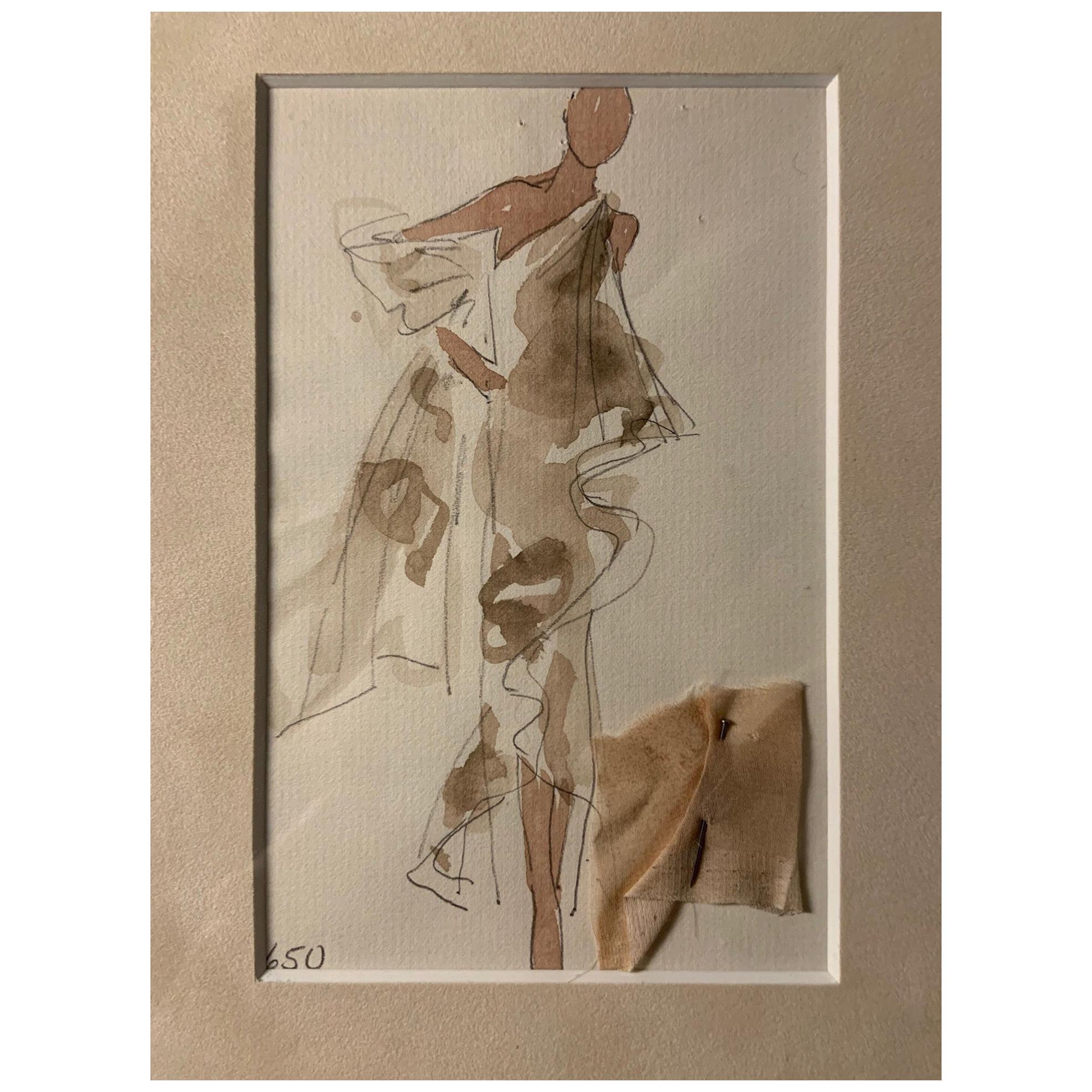 Halston 1970's Evening Gown Fashion Illustration by Joe Eula with Fabric Swatch