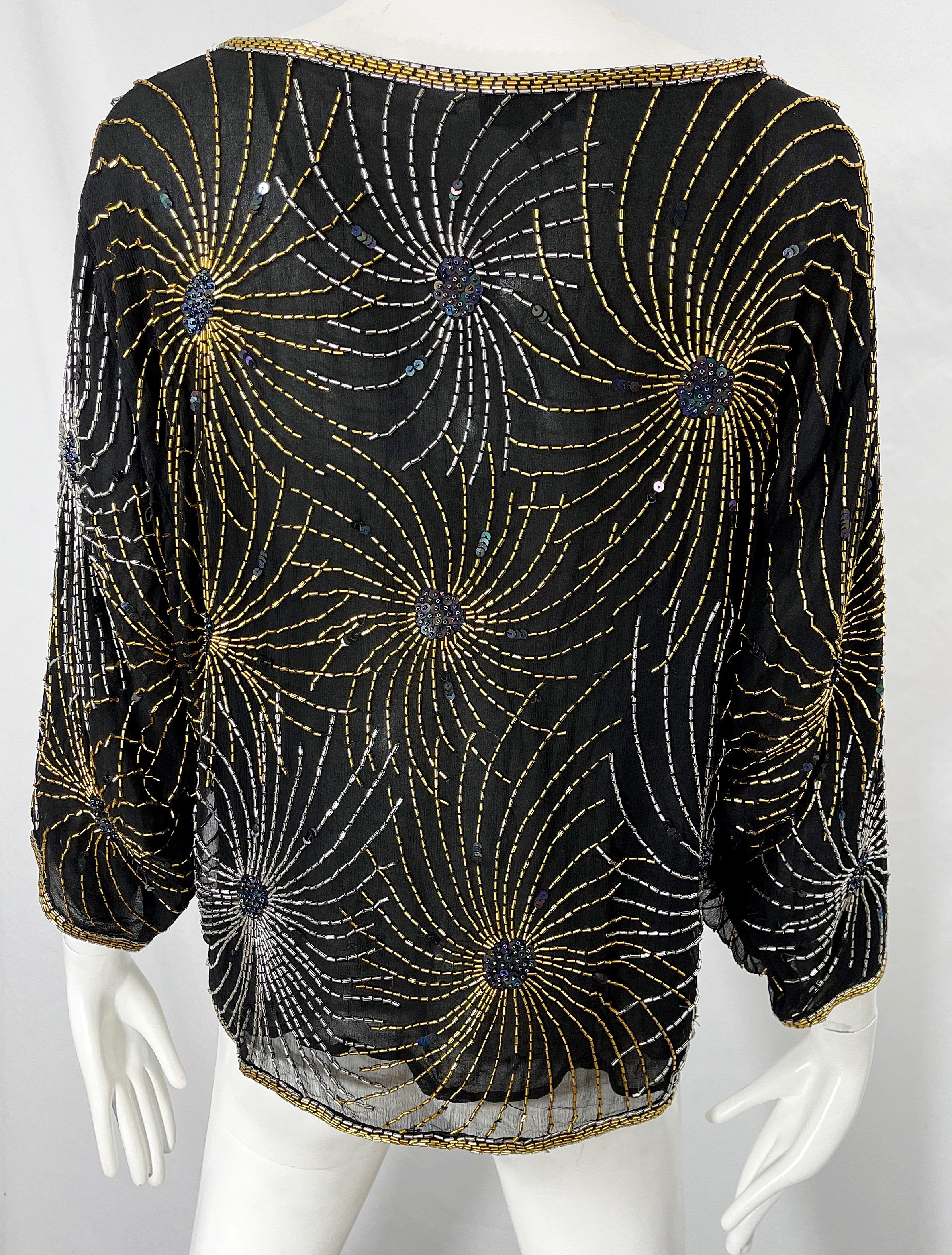 Halston 1970s Iconic Fireworks Beaded Black Silk Chiffon Vintage 70s Blouse Top For Sale 4