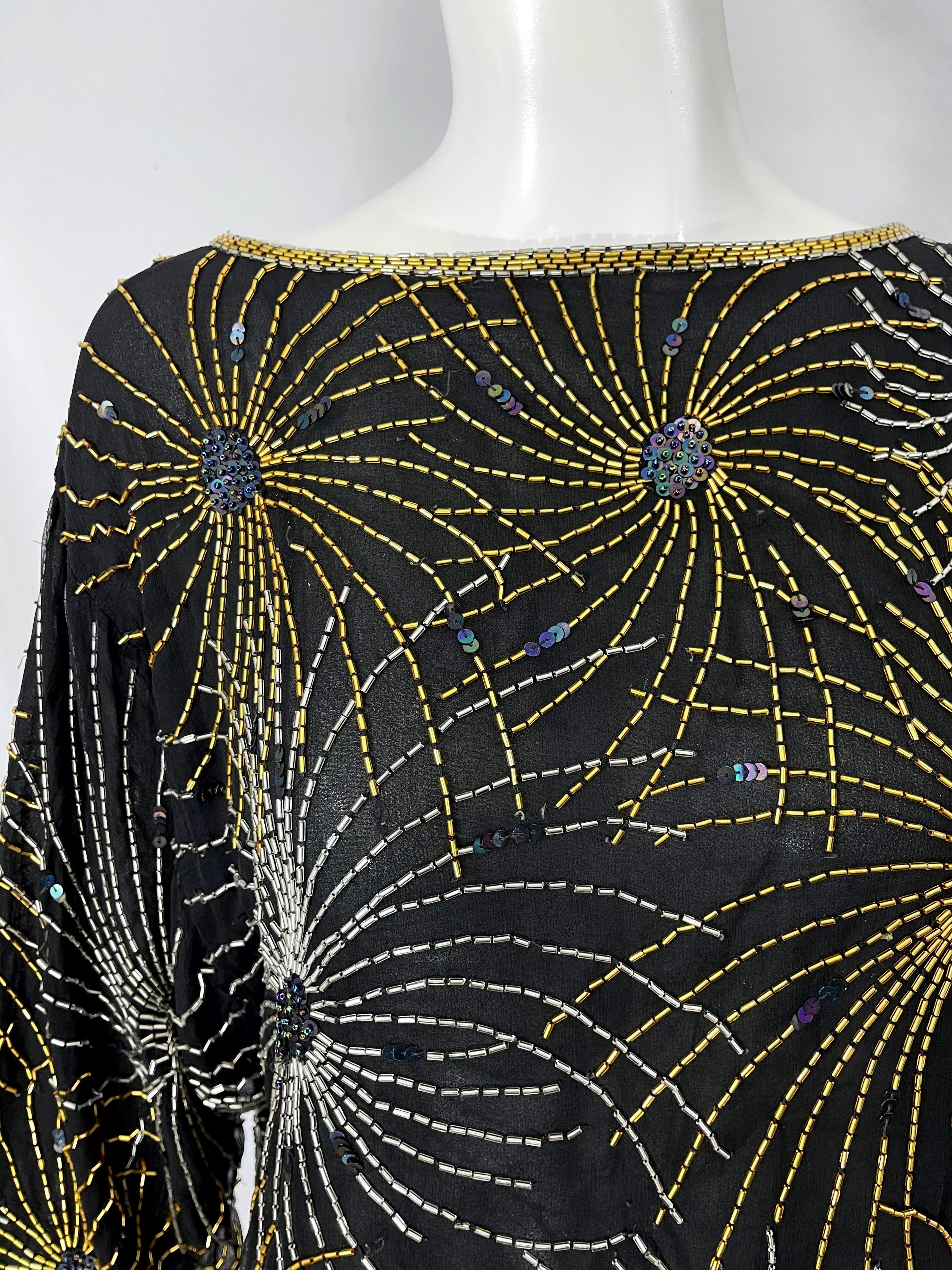 Halston 1970er Iconic Fireworks Perlen Schwarz Seide Chiffon Vintage 70er Bluse Top im Angebot 8