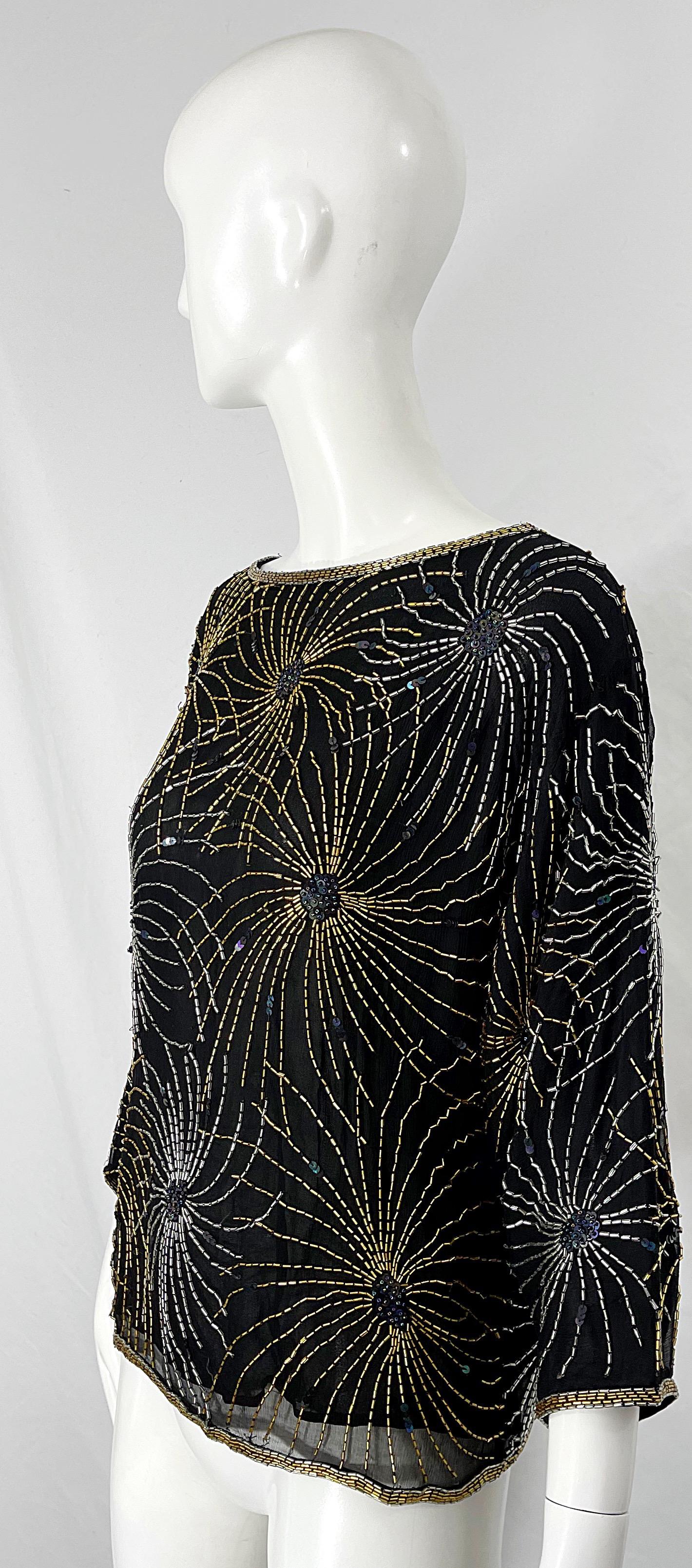 Halston 1970s Iconic Fireworks Beaded Black Silk Chiffon Vintage 70s Blouse Top For Sale 6