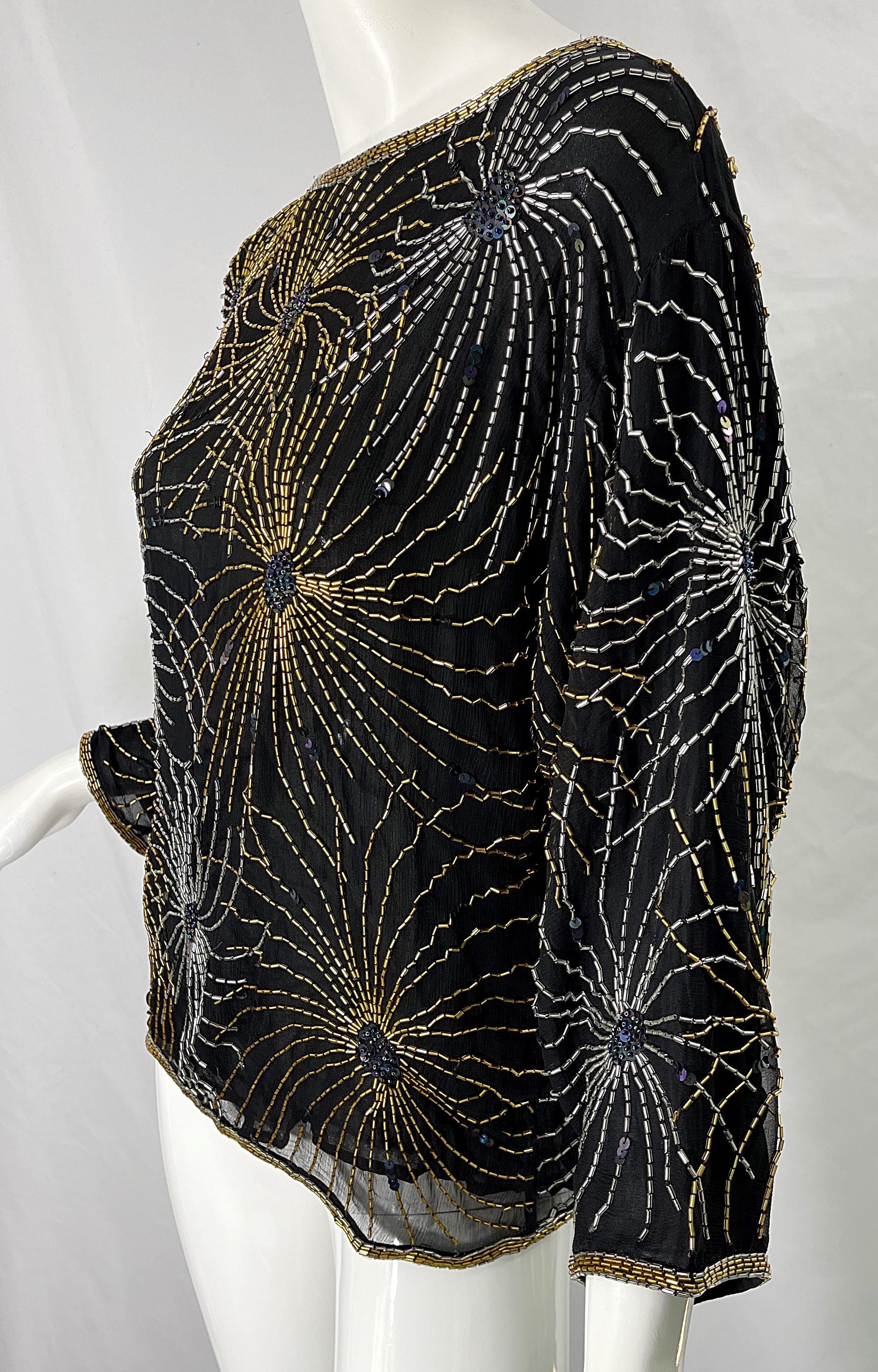 Halston 1970s Iconic Fireworks Beaded Black Silk Chiffon Vintage 70s Blouse Top For Sale 7