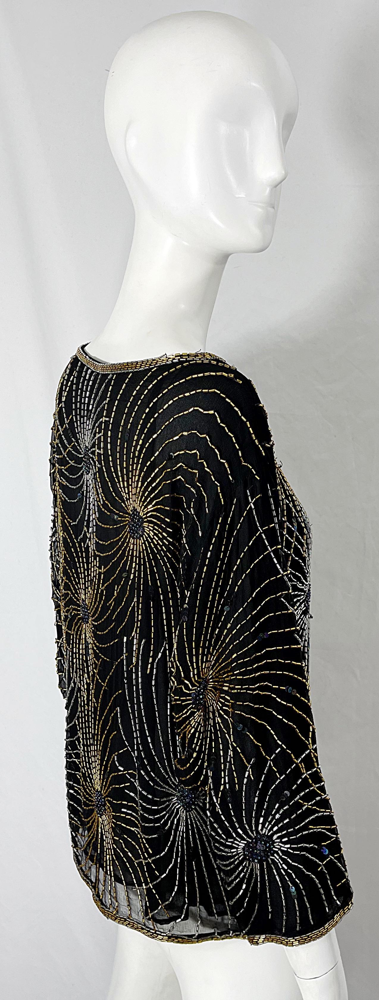 Halston 1970s Iconic Fireworks Beaded Black Silk Chiffon Vintage 70s Blouse Top For Sale 8