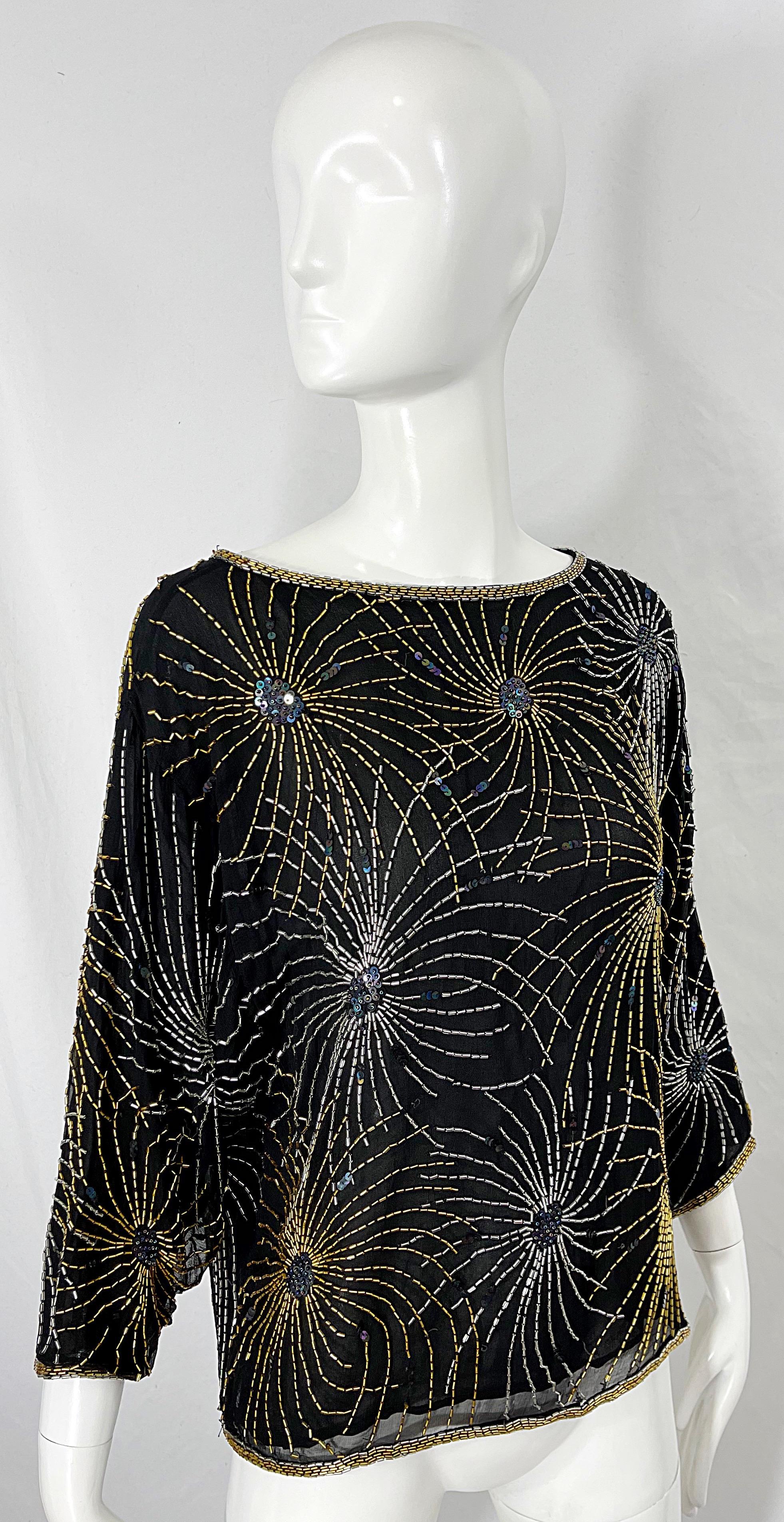 Halston 1970s Iconic Fireworks Beaded Black Silk Chiffon Vintage 70s Blouse Top For Sale 9