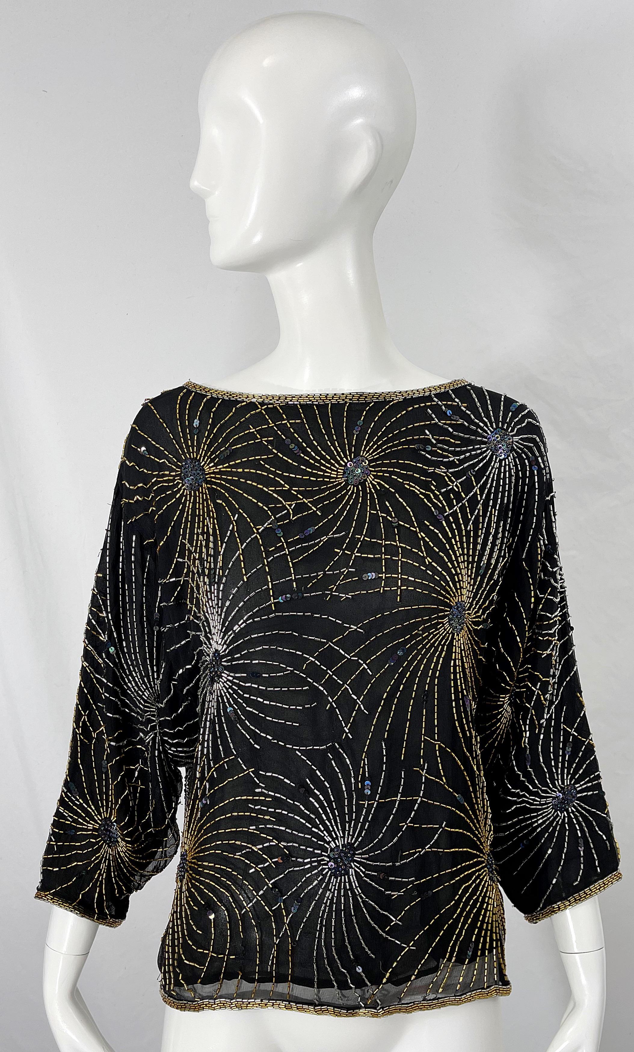 Halston 1970s Iconic Fireworks Beaded Black Silk Chiffon Vintage 70s Blouse Top For Sale 10