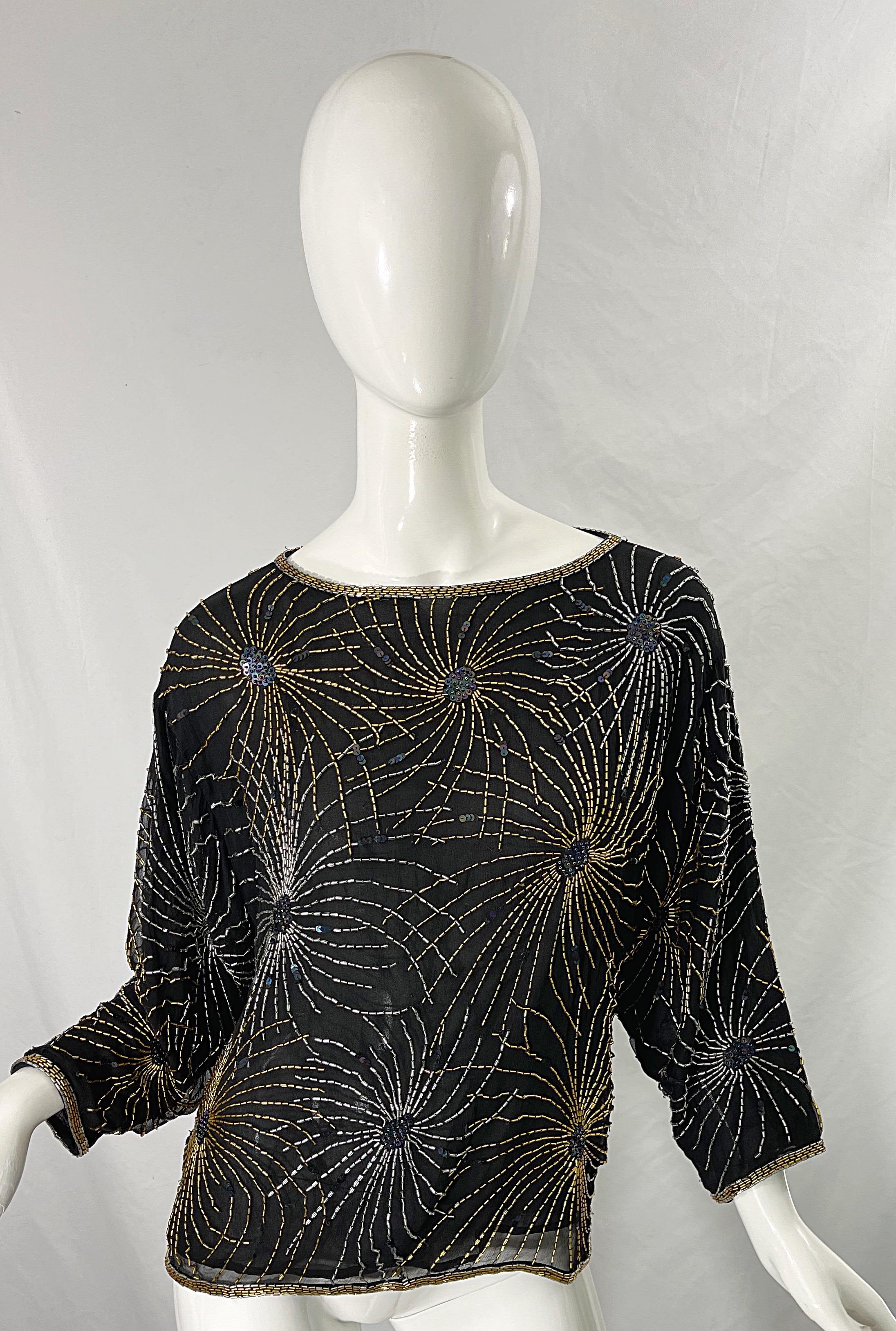 Halston 1970s Iconic Fireworks Beaded Black Silk Chiffon Vintage 70s Blouse Top For Sale 11