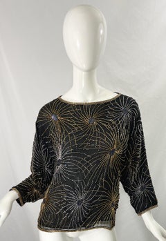 Halston 1970s Iconic Fireworks Beaded Black Silk Chiffon Vintage 70s Blouse Top