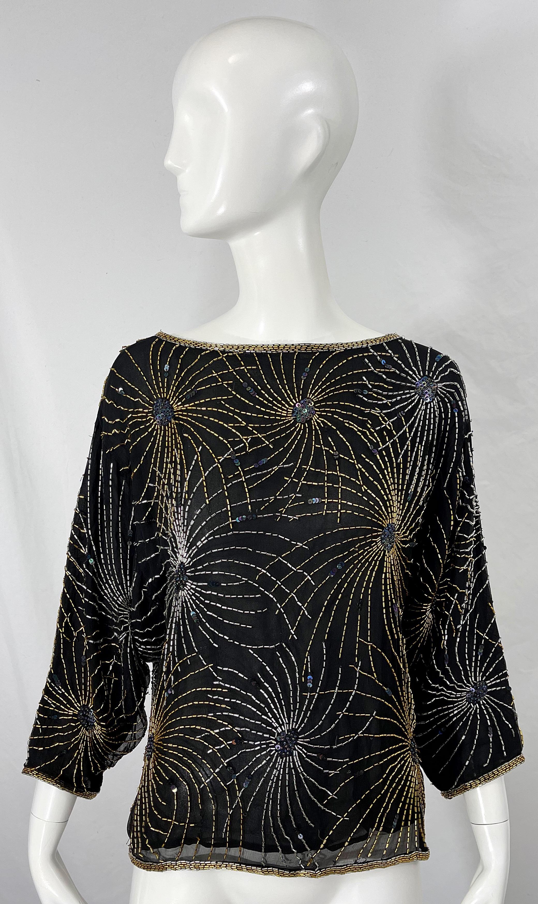 Halston 1970er Iconic Fireworks Perlen Schwarz Seide Chiffon Vintage 70er Bluse Top Damen im Angebot