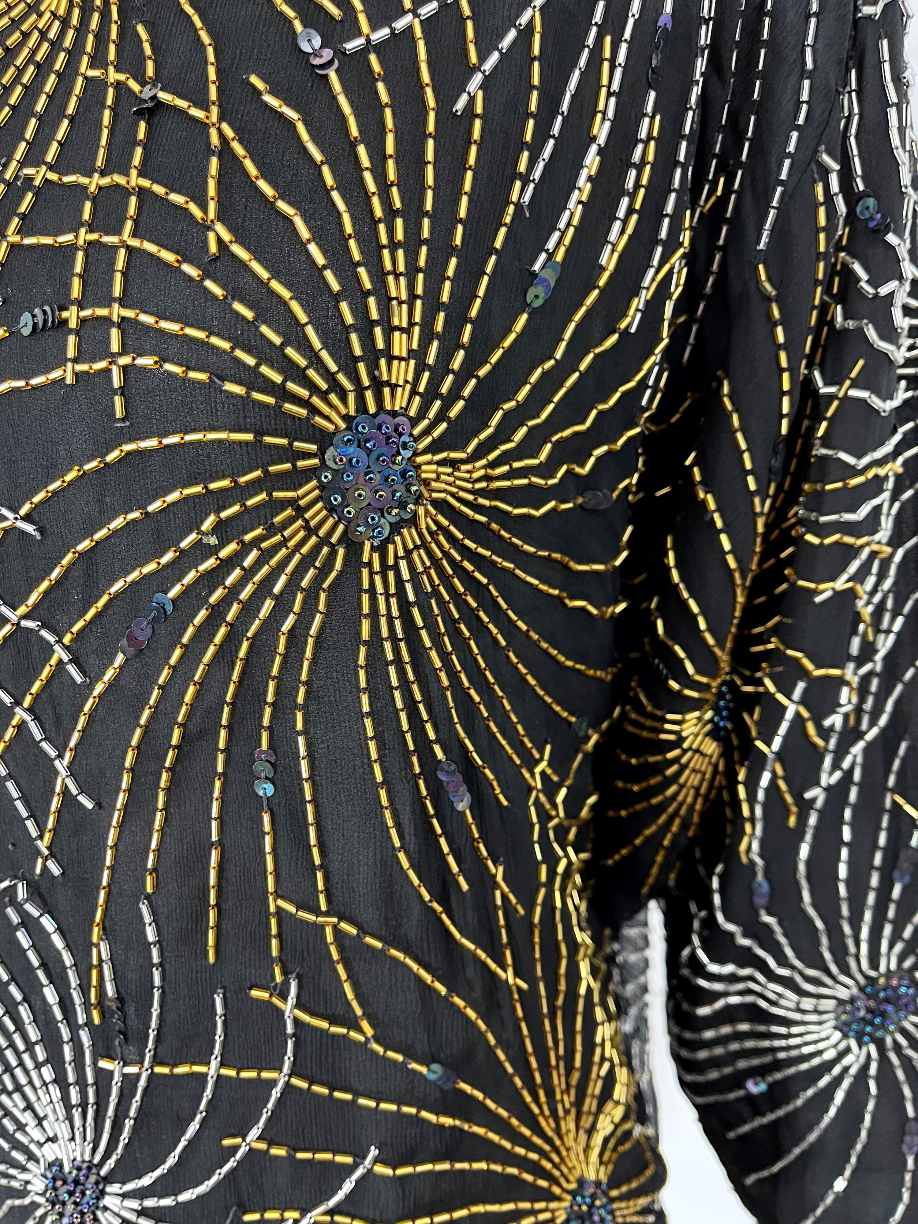 Halston 1970er Iconic Fireworks Perlen Schwarz Seide Chiffon Vintage 70er Bluse Top im Angebot 1