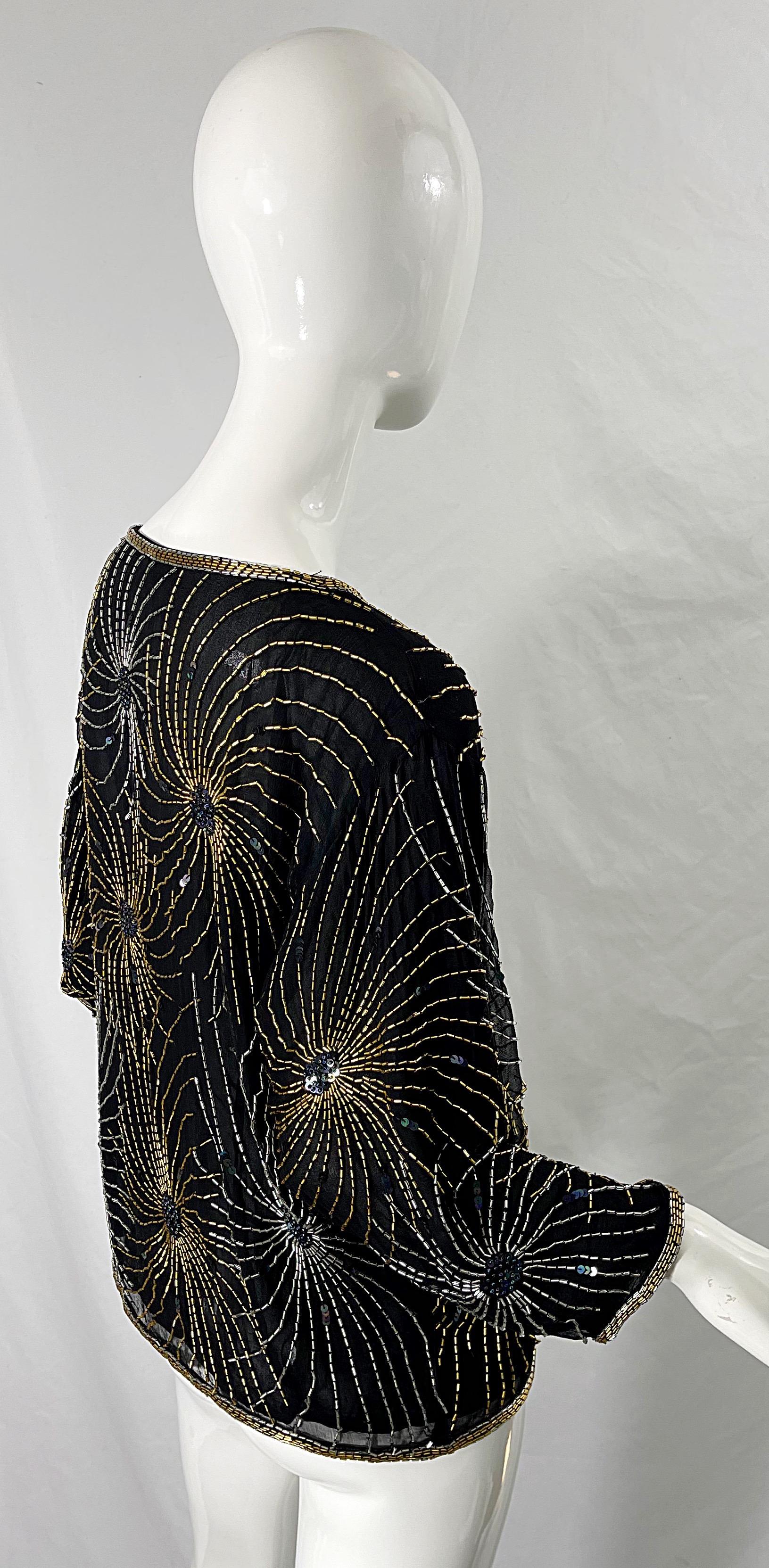 Halston 1970s Iconic Fireworks Beaded Black Silk Chiffon Vintage 70s Blouse Top In Excellent Condition For Sale In San Diego, CA