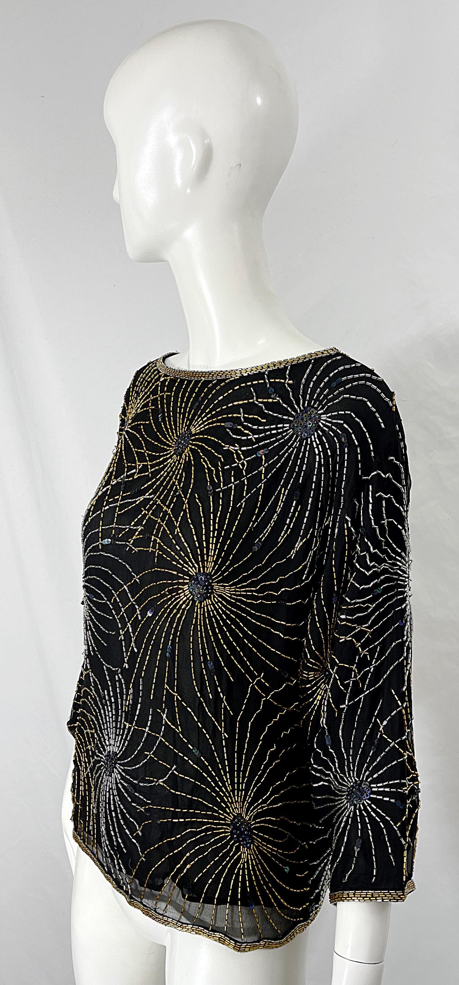 Halston 1970er Iconic Fireworks Perlen Schwarz Seide Chiffon Vintage 70er Bluse Top im Angebot 3