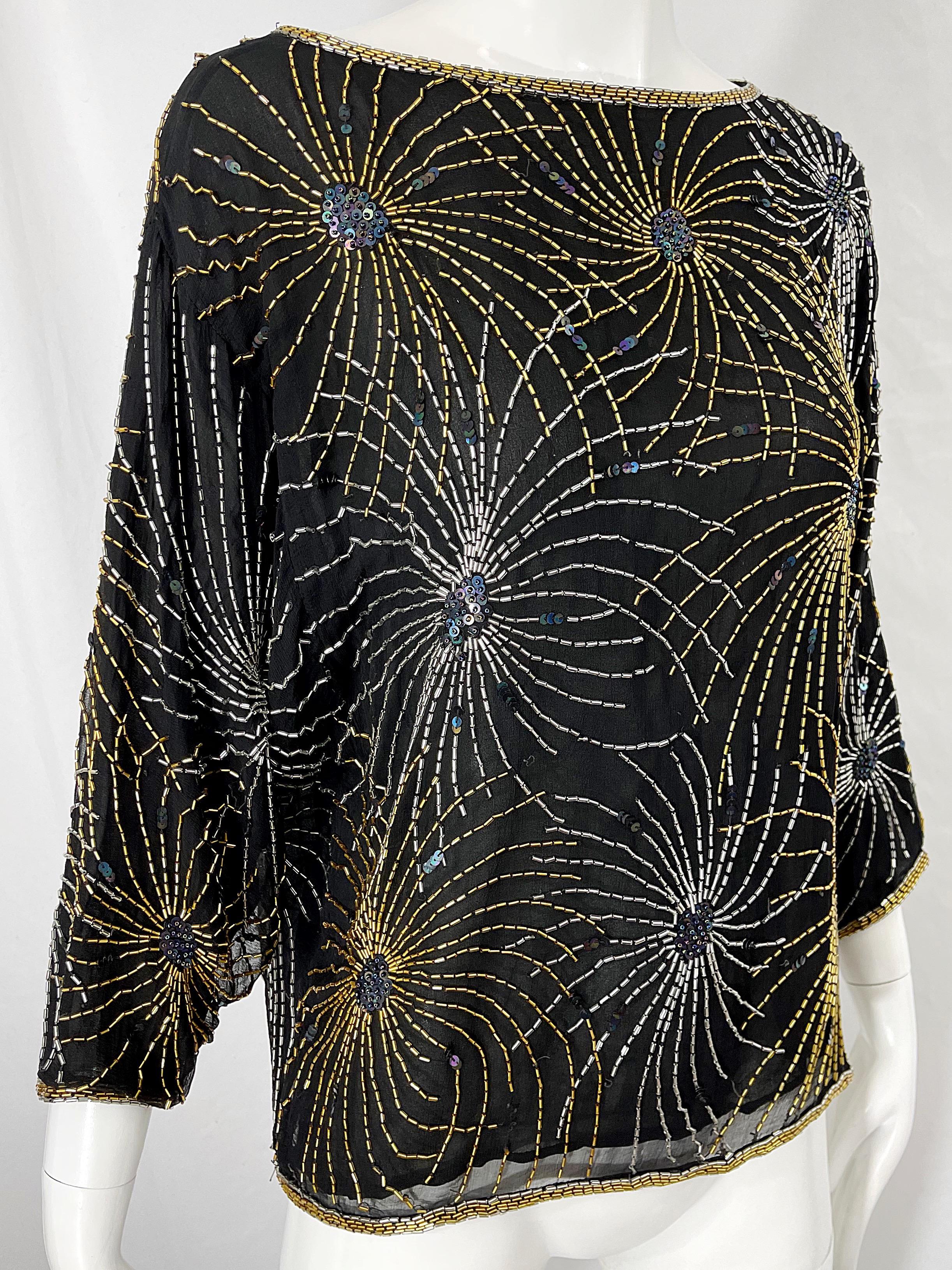 Halston 1970s Iconic Fireworks Beaded Black Silk Chiffon Vintage 70s Blouse Top For Sale 1