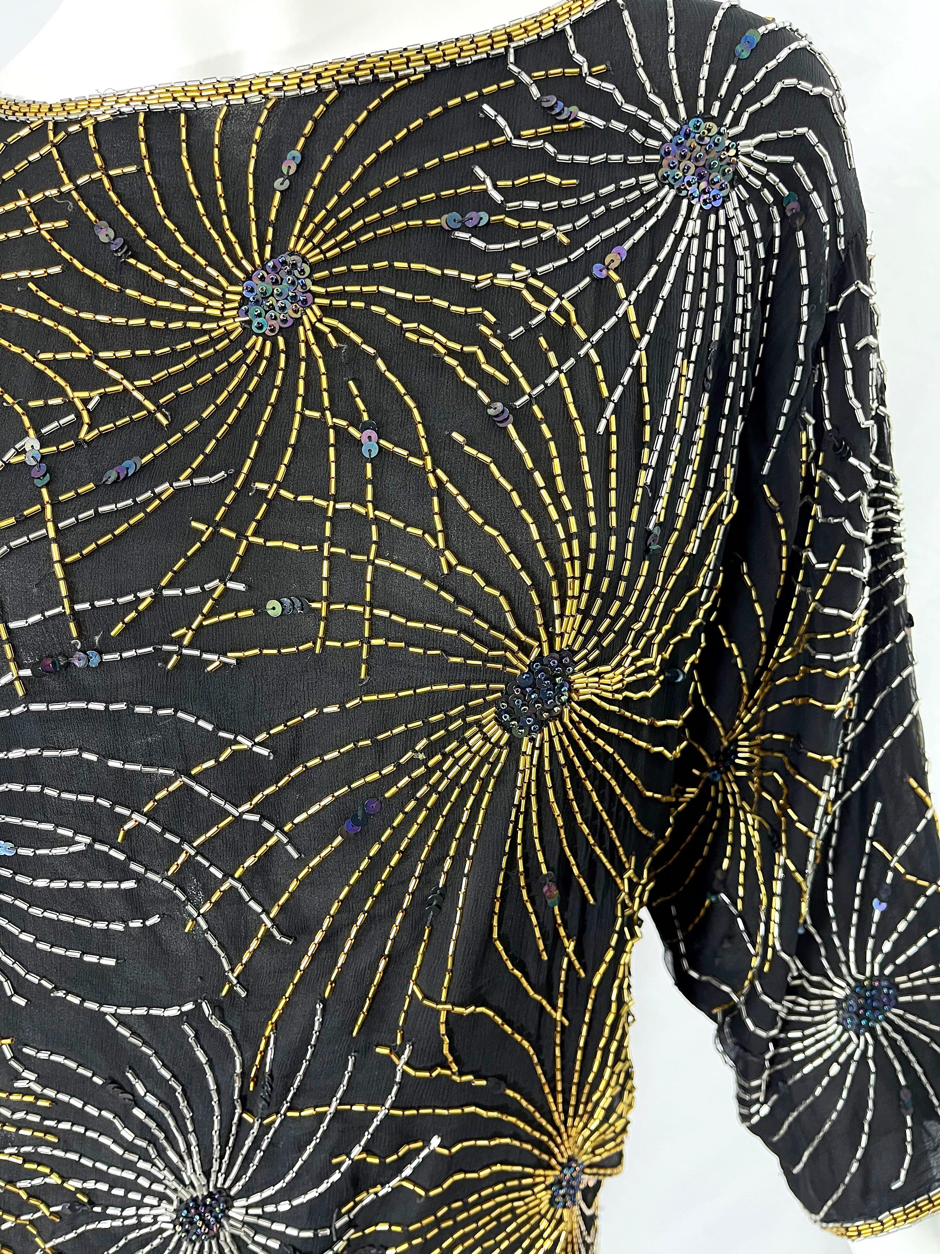 Halston 1970s Iconic Fireworks Beaded Black Silk Chiffon Vintage 70s Blouse Top For Sale 2