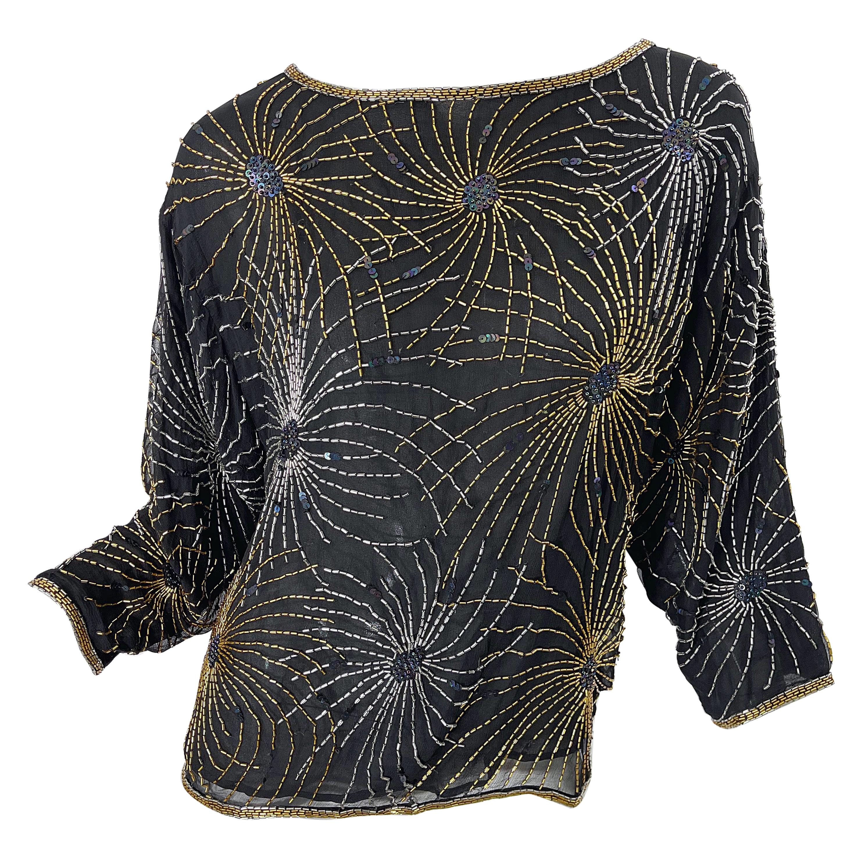 Halston 1970s Iconic Fireworks Beaded Black Silk Chiffon Vintage 70s Blouse Top For Sale
