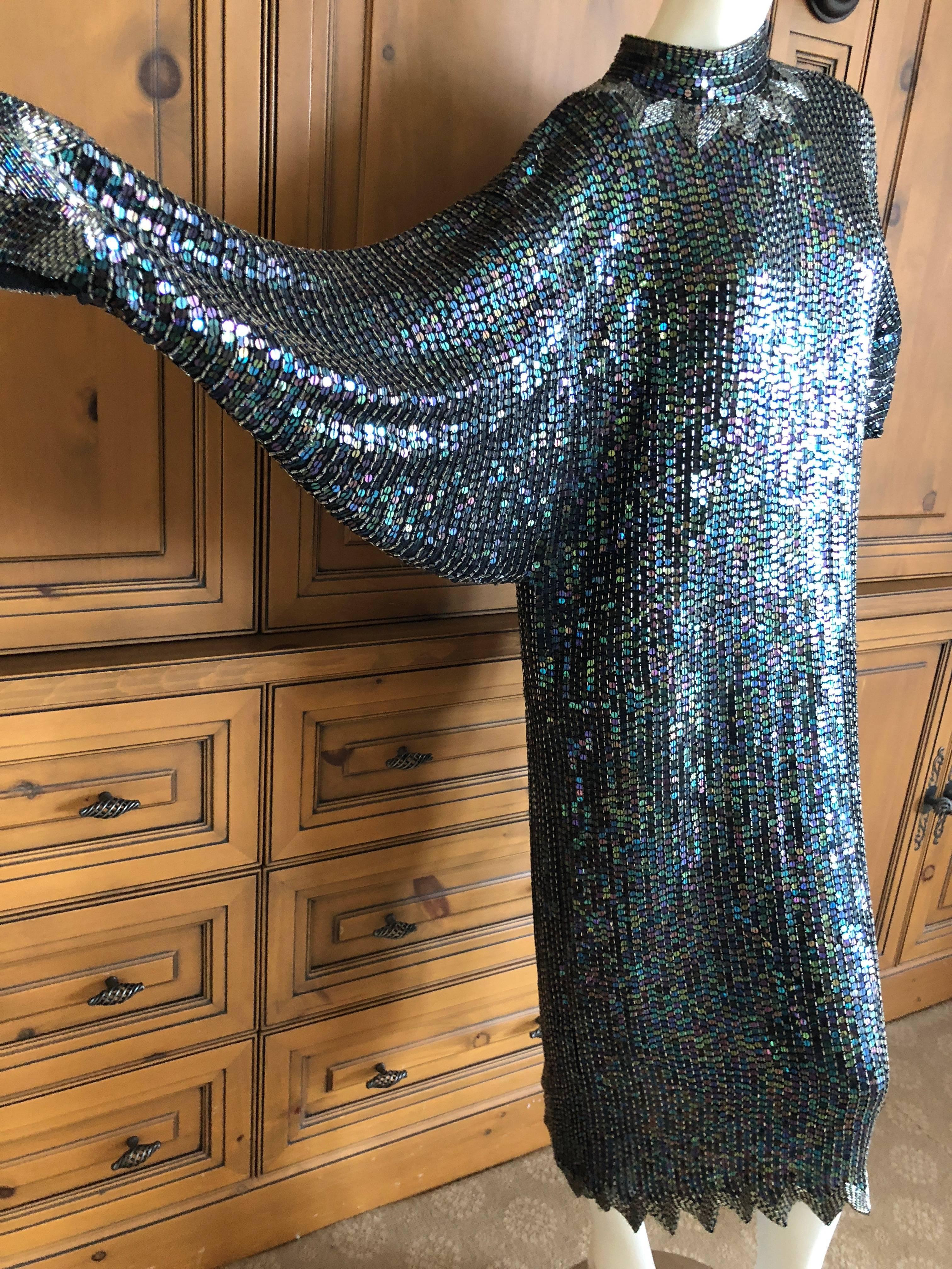 Halston 1970's Iridescent Sequin Bugle Bead Embellished Batwing Disco Dress For Sale 6