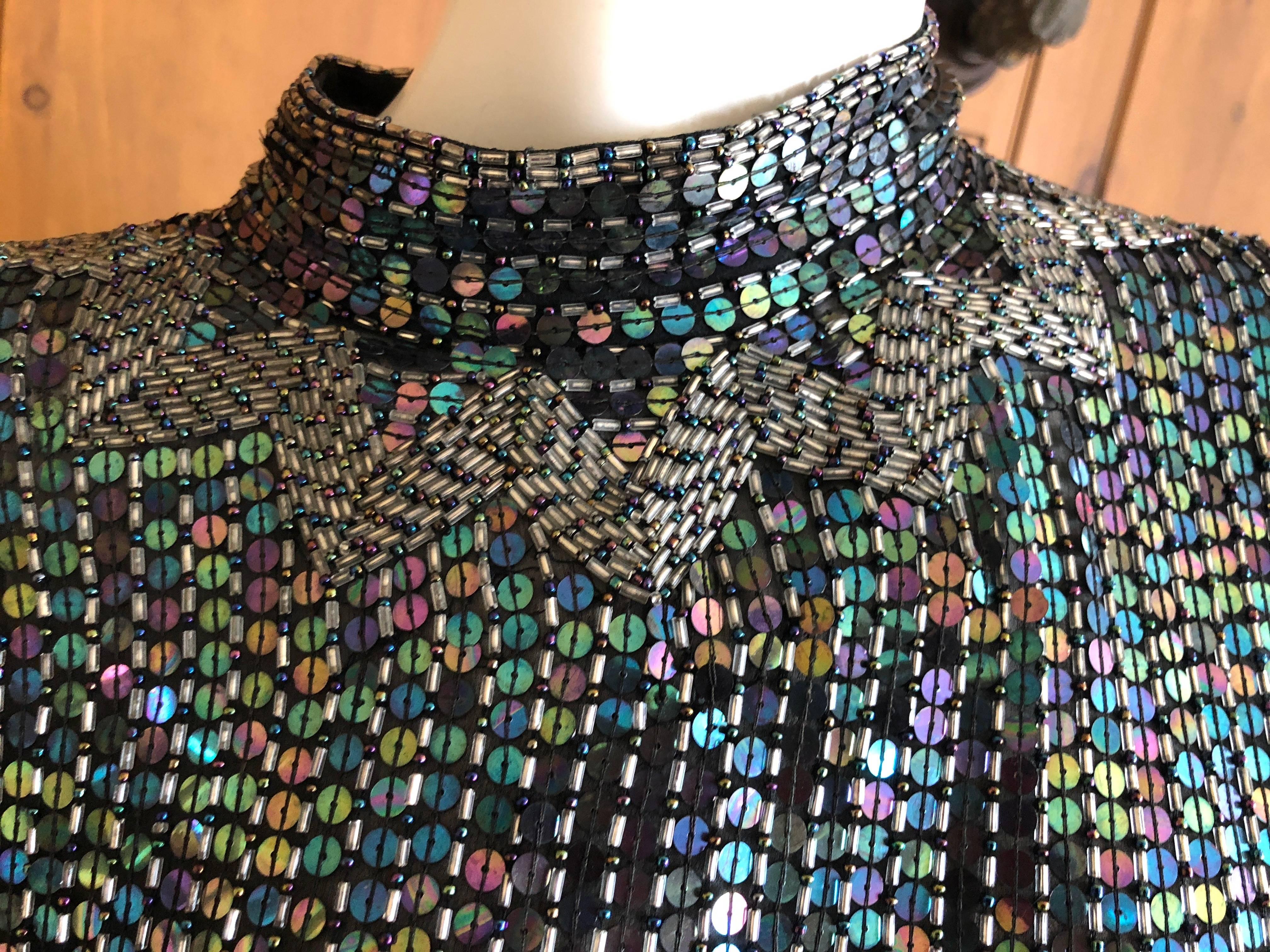 Halston 1970's Iridescent Sequin Bugle Bead Embellished Batwing Disco Dress In Excellent Condition For Sale In Cloverdale, CA