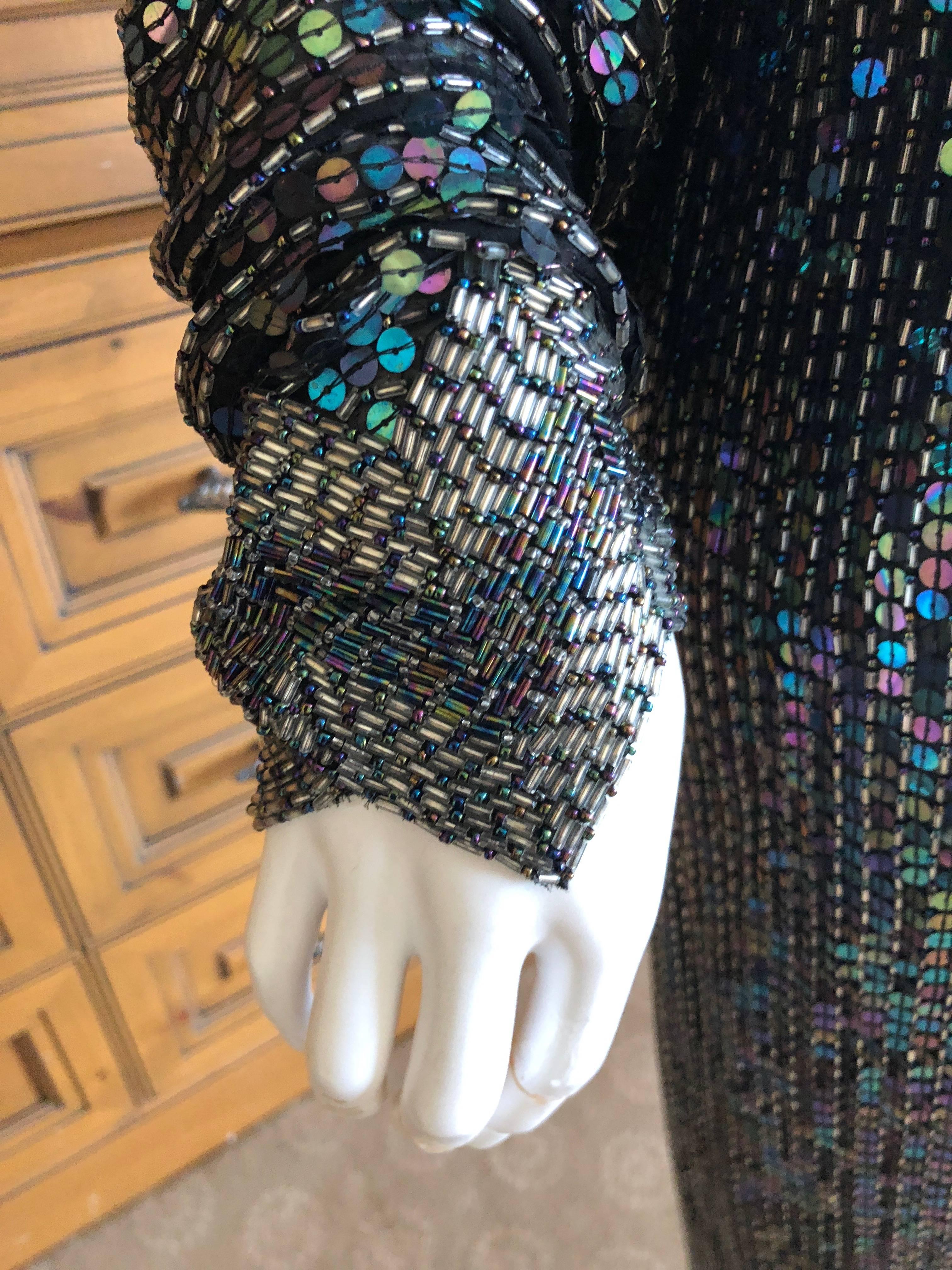 Women's Halston 1970's Iridescent Sequin Bugle Bead Embellished Batwing Disco Dress For Sale