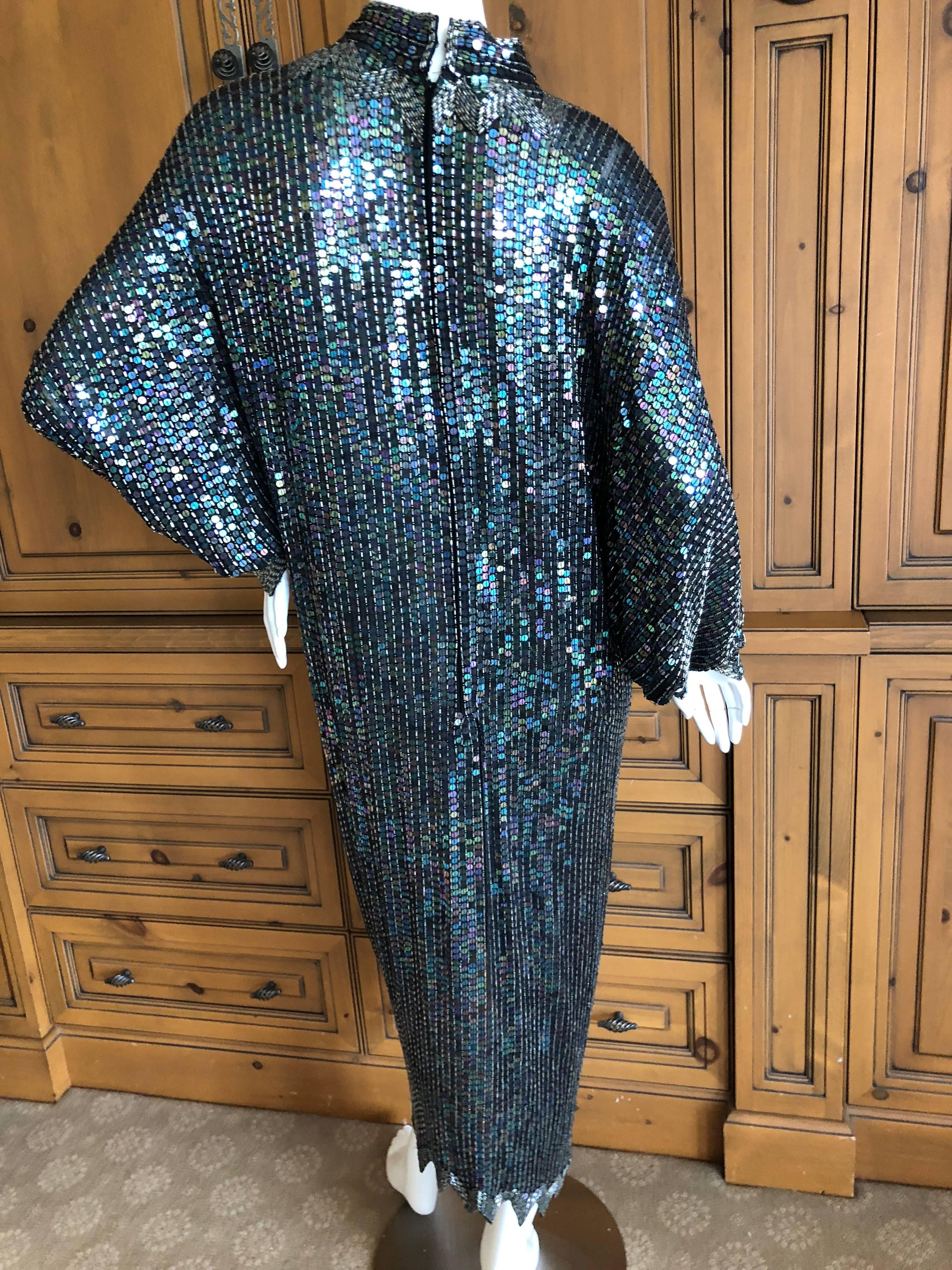 Halston 1970's Iridescent Sequin Bugle Bead Embellished Batwing Disco Dress For Sale 1