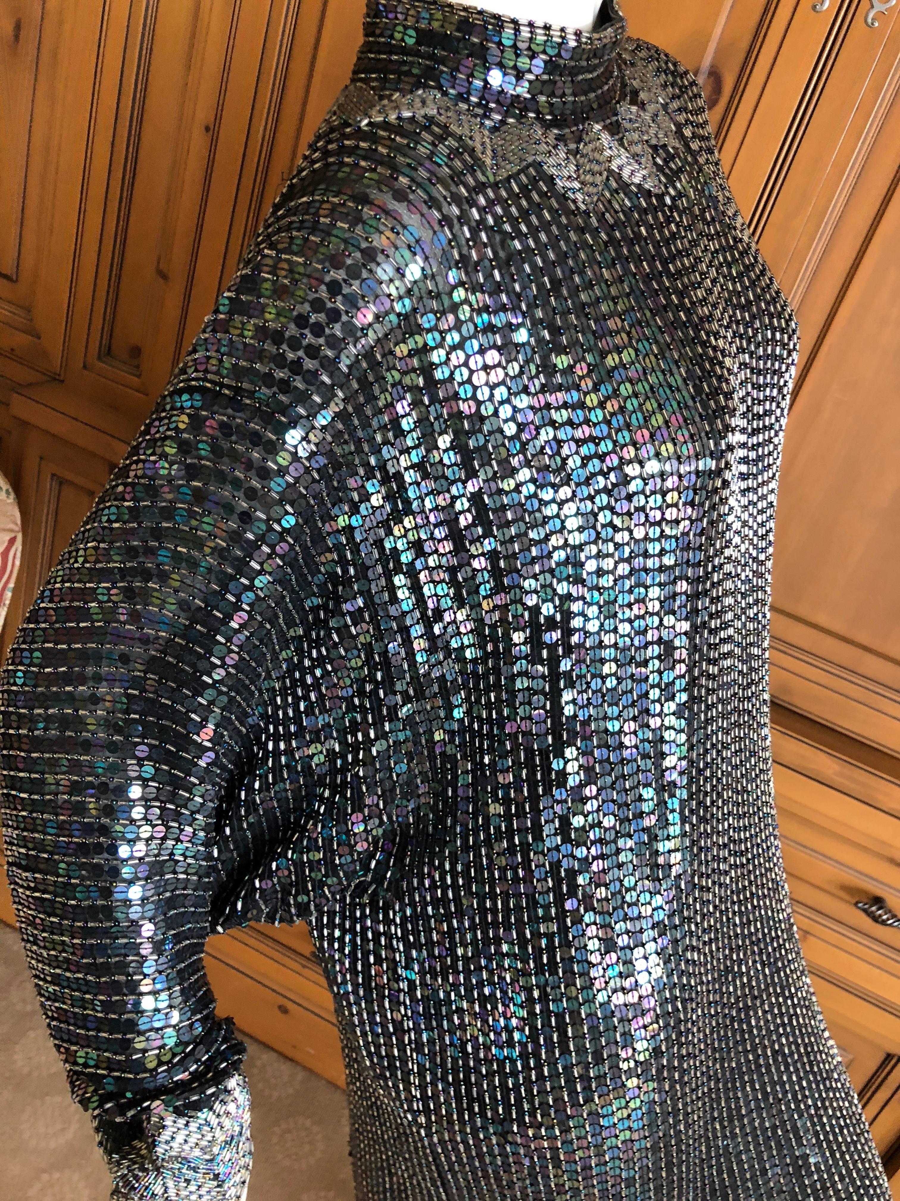 Halston 1970's Iridescent Sequin Bugle Bead Embellished Batwing Disco Dress For Sale 2