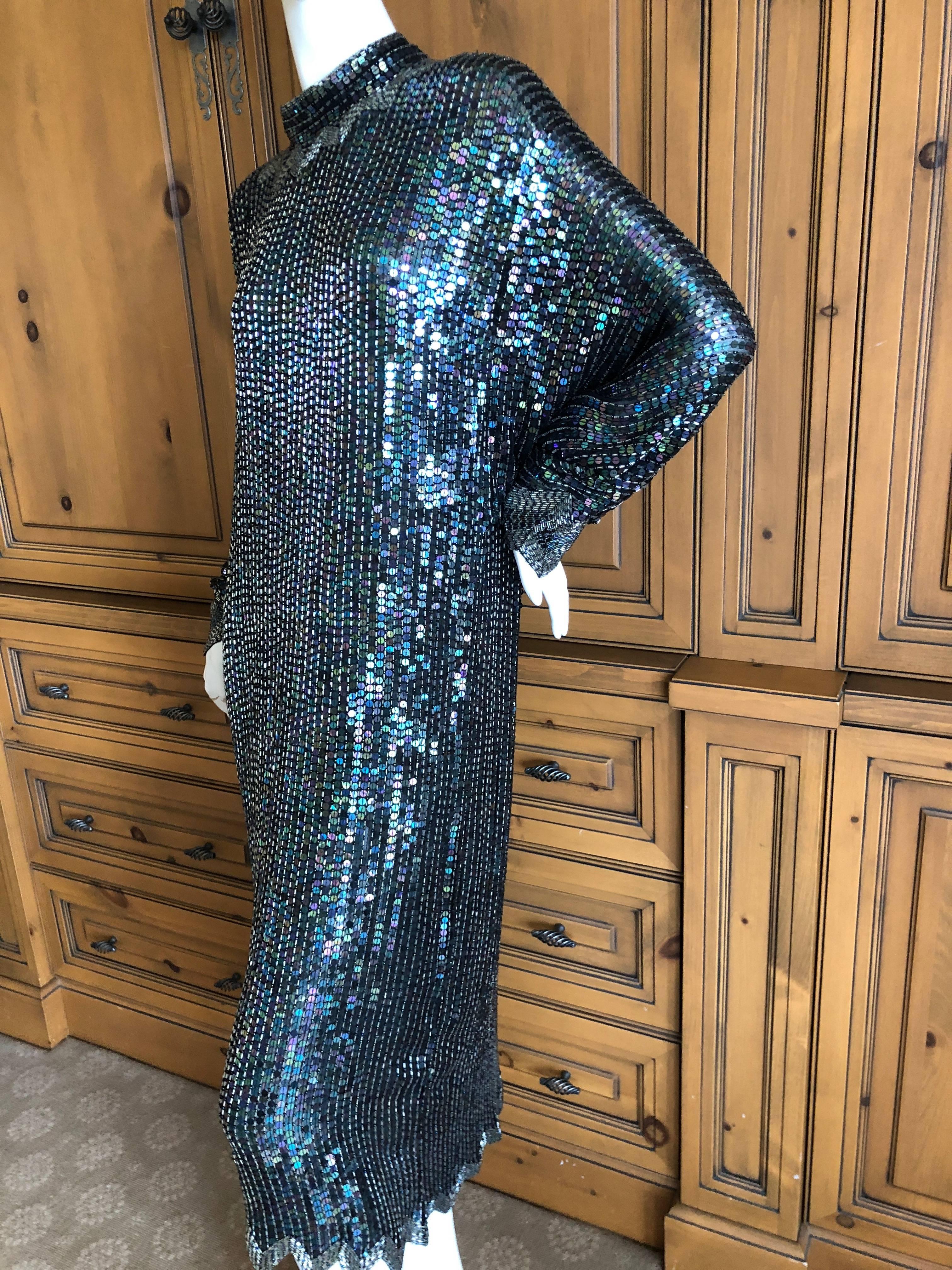 Halston 1970's Iridescent Sequin Bugle Bead Embellished Batwing Disco Dress For Sale 3