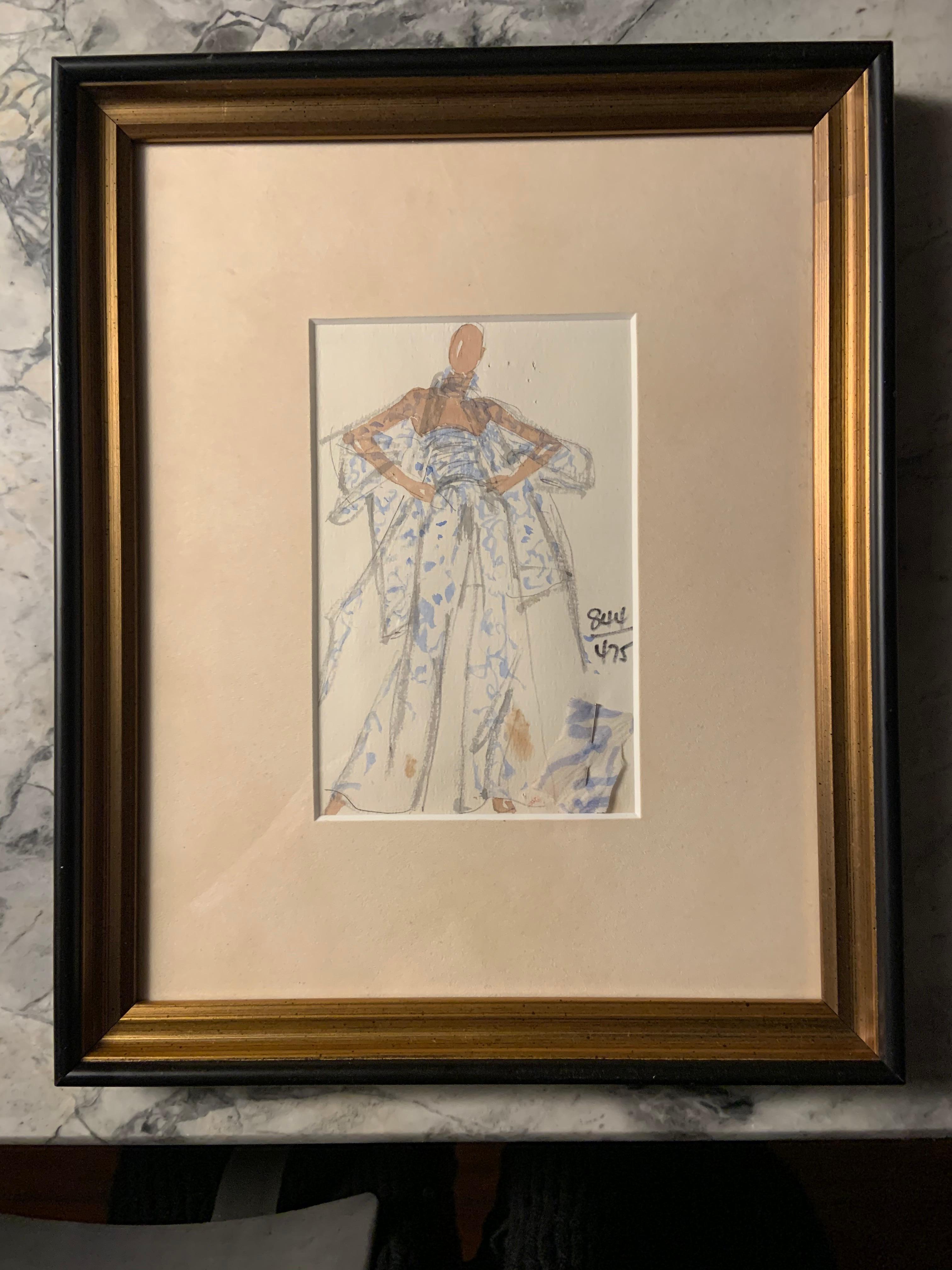 This is a rare and original Joe Eula fashion sketch of a Halston blue chiffon strapless jumpsuit fashion design, complete with an attached fabric swatch. This drawing is from an estate auction of personal possessions of Martha Graham, a close friend