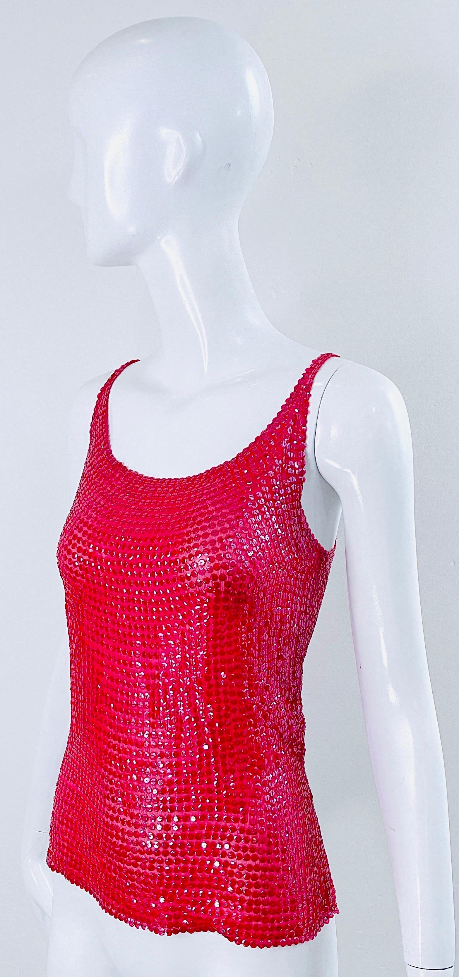 Halston 1970s Lipstick Red Silk Chiffon Fully Sequin Vintage 70s Sleeveless Top For Sale 6
