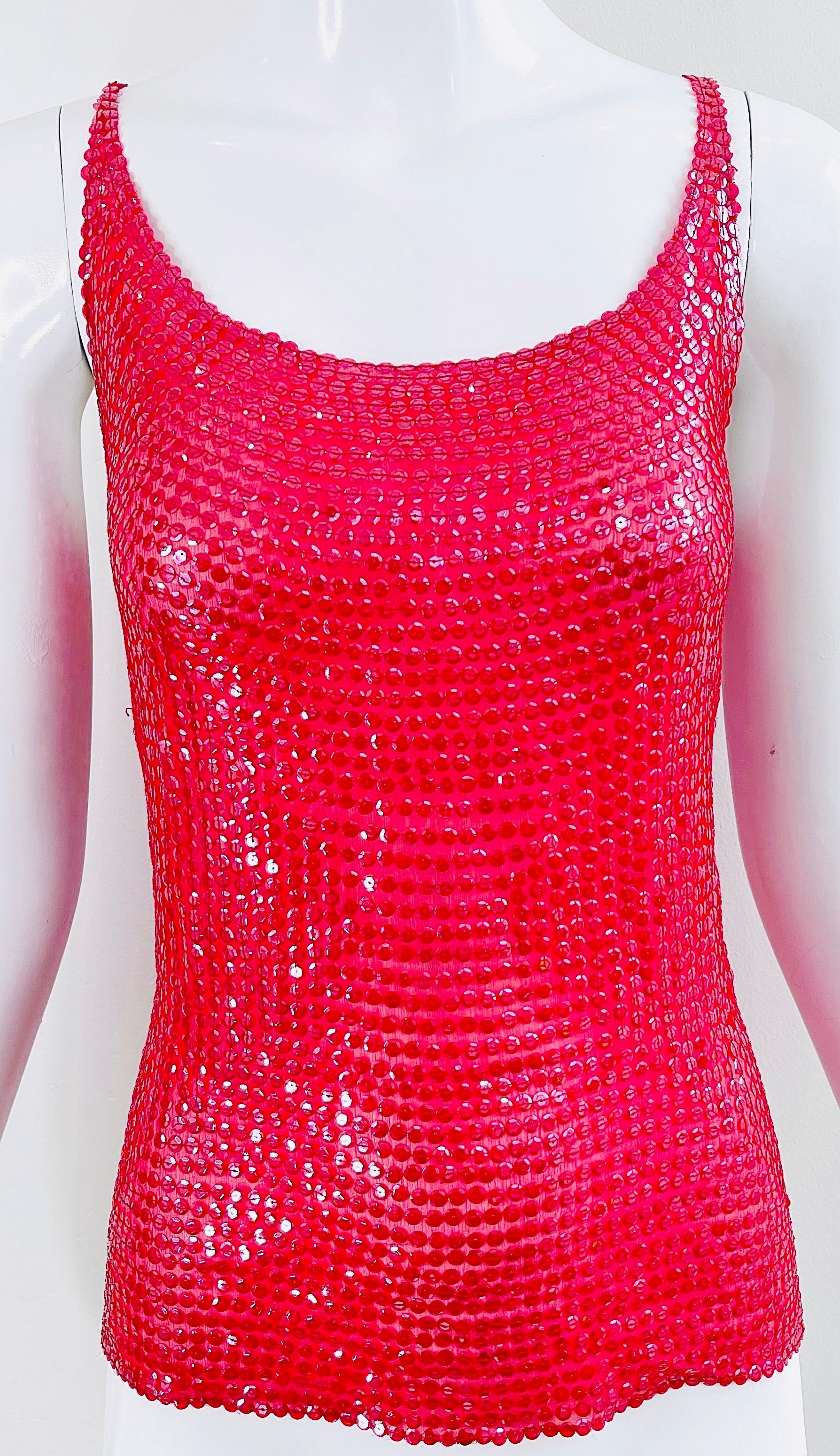 Halston 1970s Lipstick Red Silk Chiffon Fully Sequin Vintage 70s Sleeveless Top For Sale 8