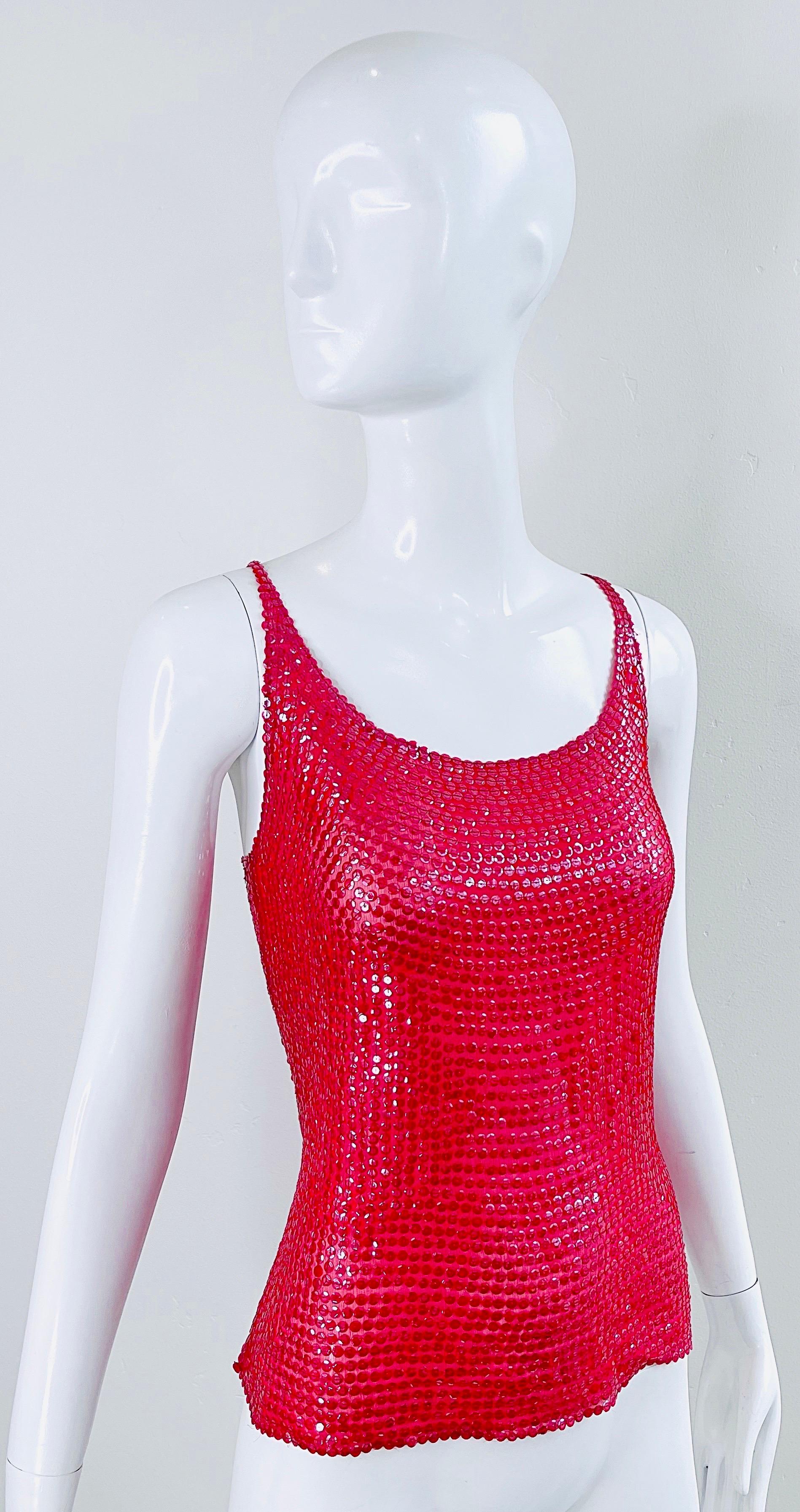 Halston 1970s Lipstick Red Silk Chiffon Fully Sequin Vintage 70s Sleeveless Top For Sale 9