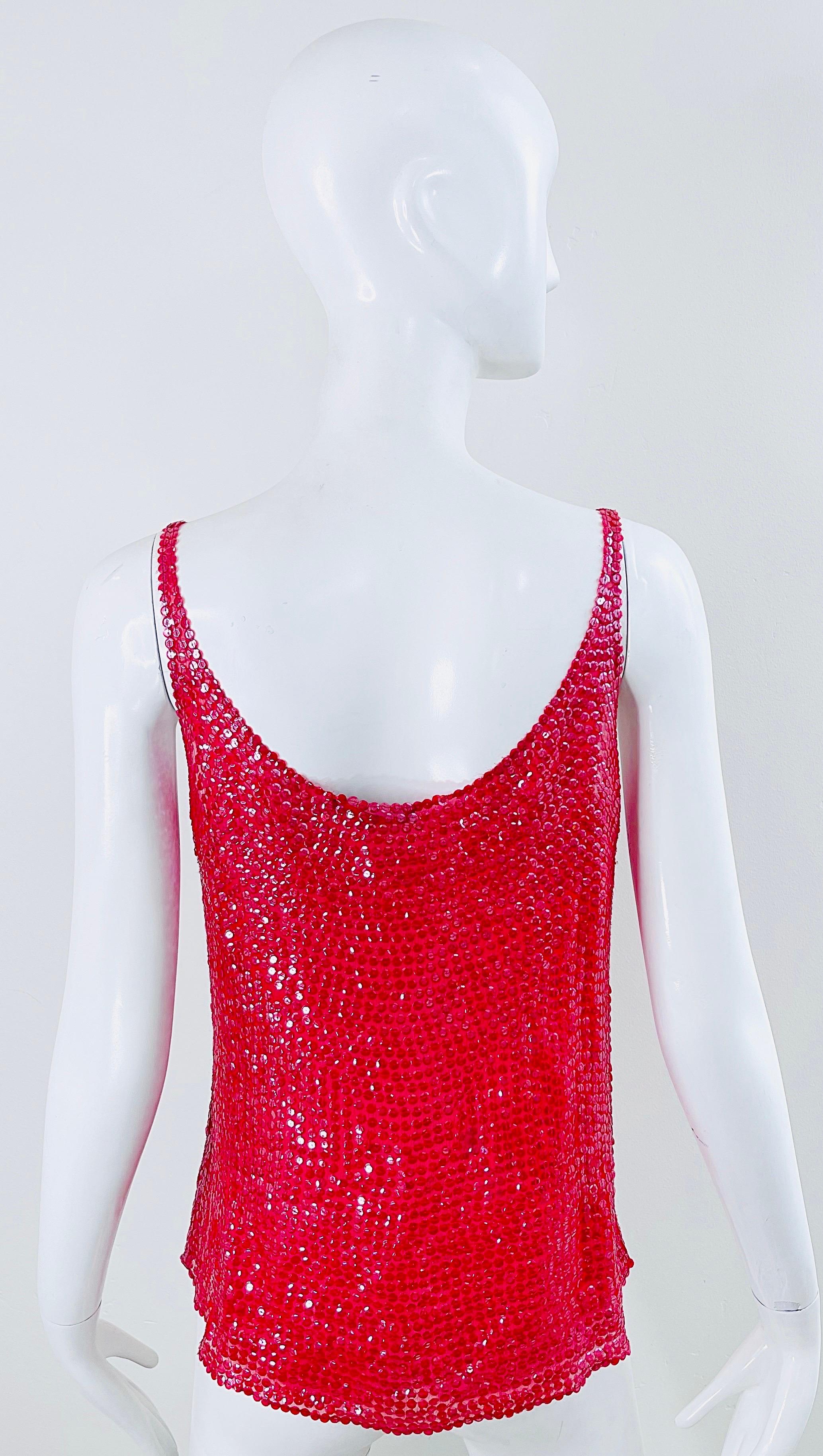 Halston 1970s Lipstick Red Silk Chiffon Fully Sequin Vintage 70s Sleeveless Top For Sale 10