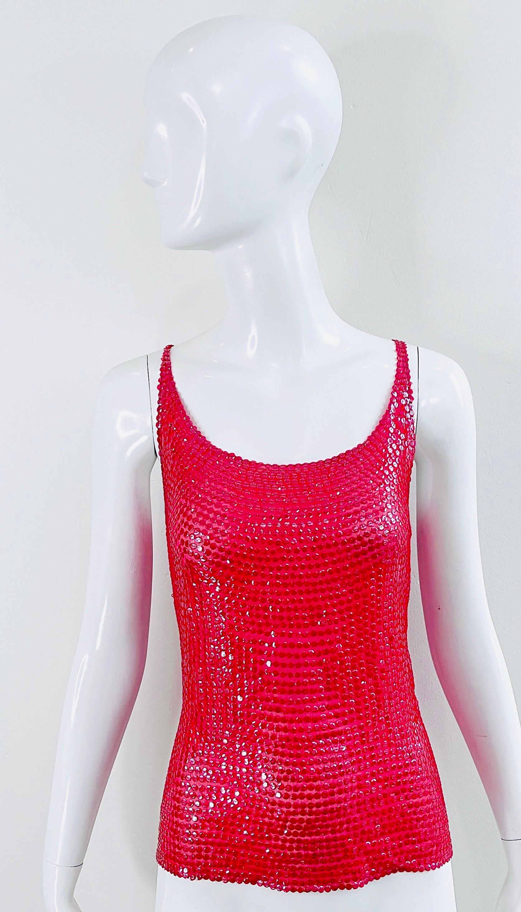 Halston 1970s Lipstick Red Silk Chiffon Fully Sequin Vintage 70s Sleeveless Top For Sale 11
