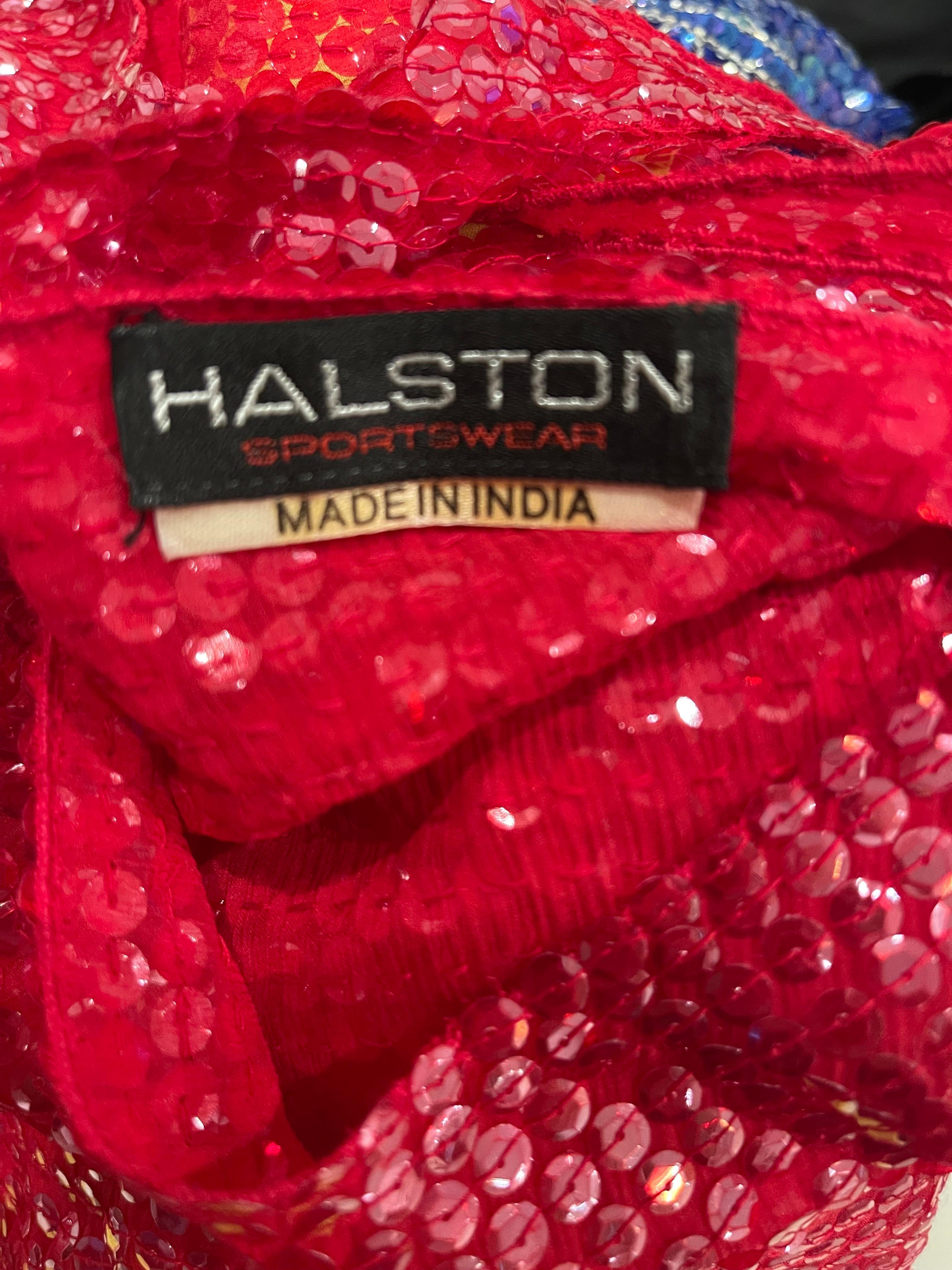 Halston 1970s Lipstick Red Silk Chiffon Fully Sequin Vintage 70s Sleeveless Top In Excellent Condition For Sale In San Diego, CA