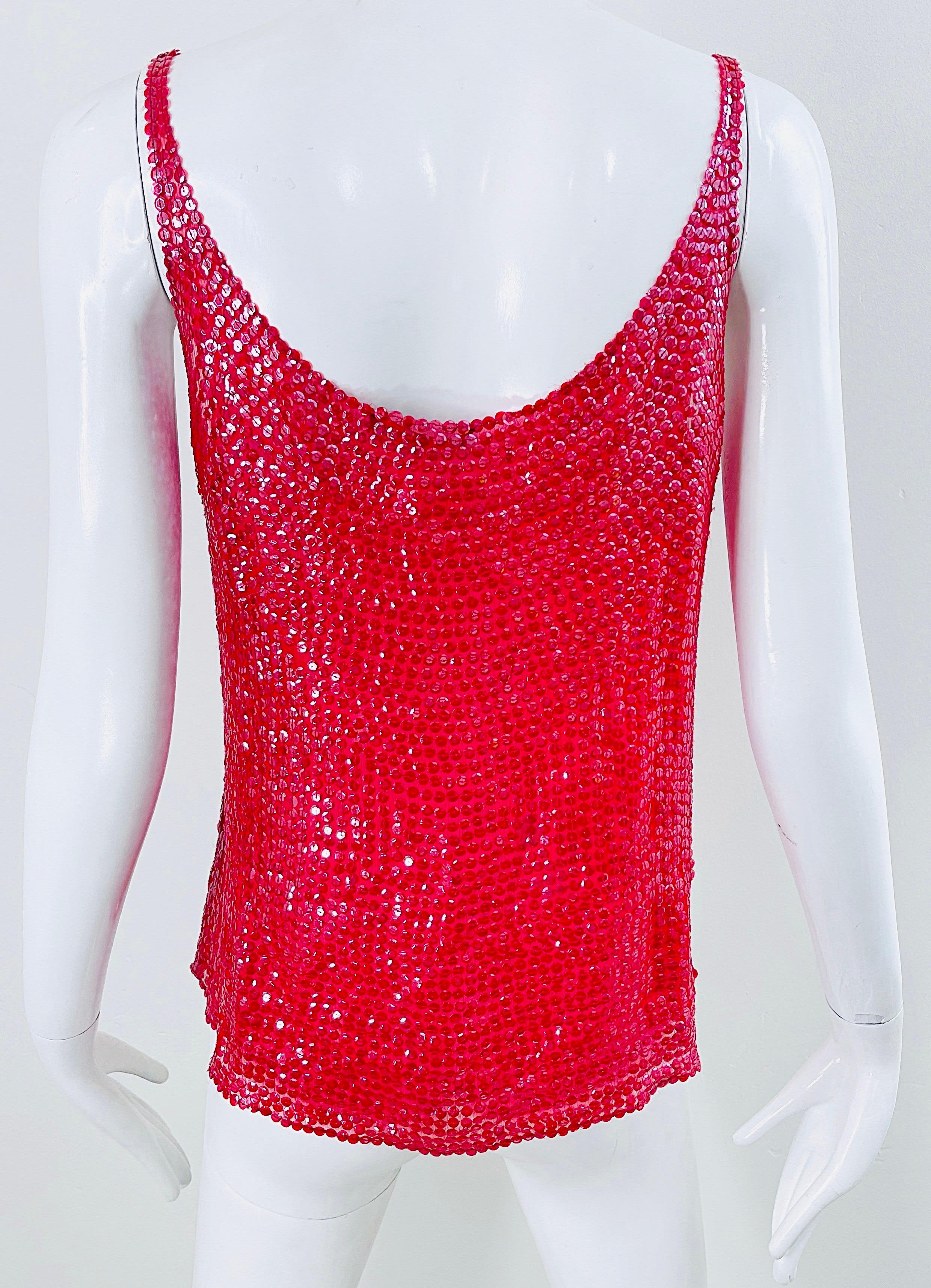 De las mujeres Halston 1970s Lipstick Rojo Seda Chiffon Totalmente Lentejuelas Vintage 70s Top Sin Mangas en venta