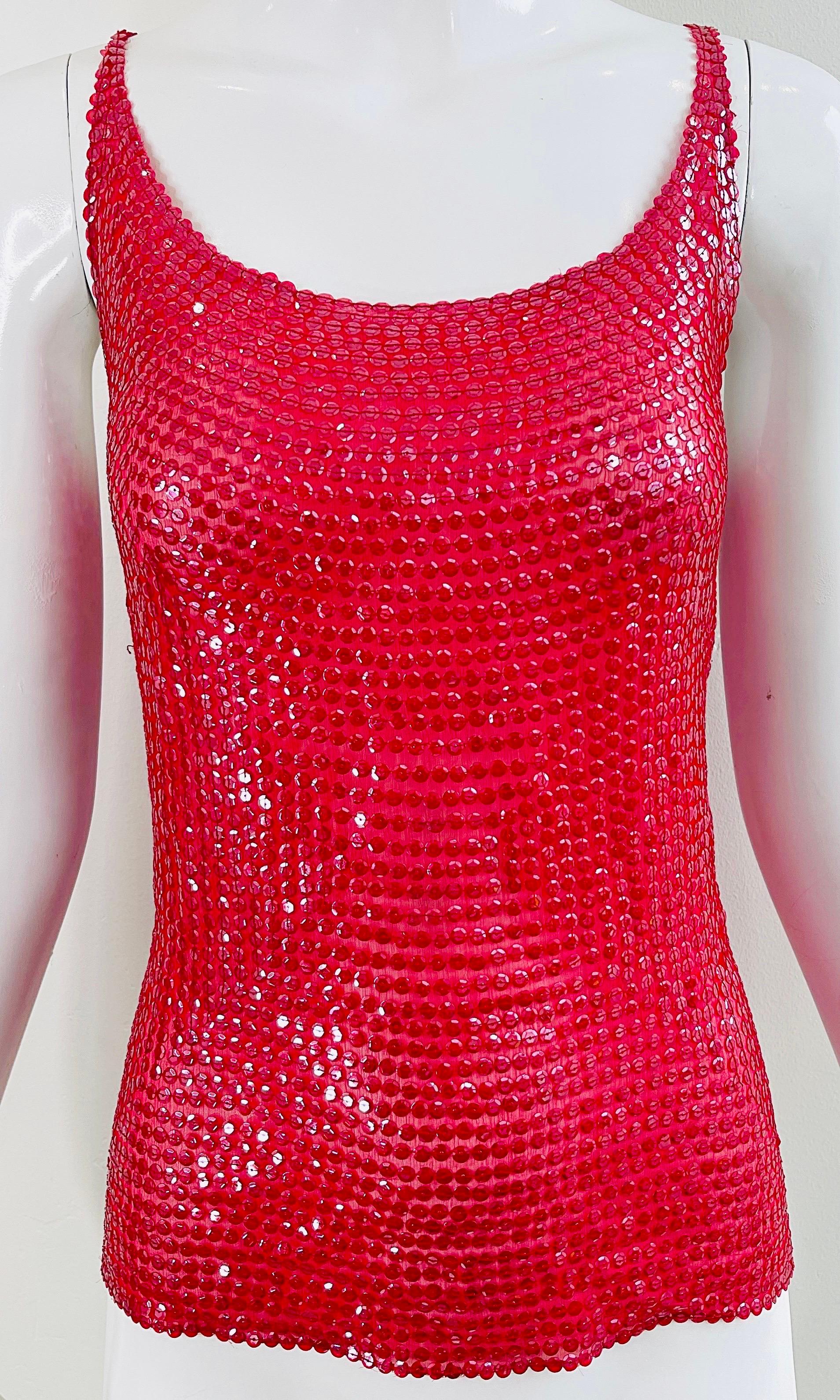 Halston 1970s Lipstick Red Silk Chiffon Fully Sequin Vintage 70s Sleeveless Top For Sale 2