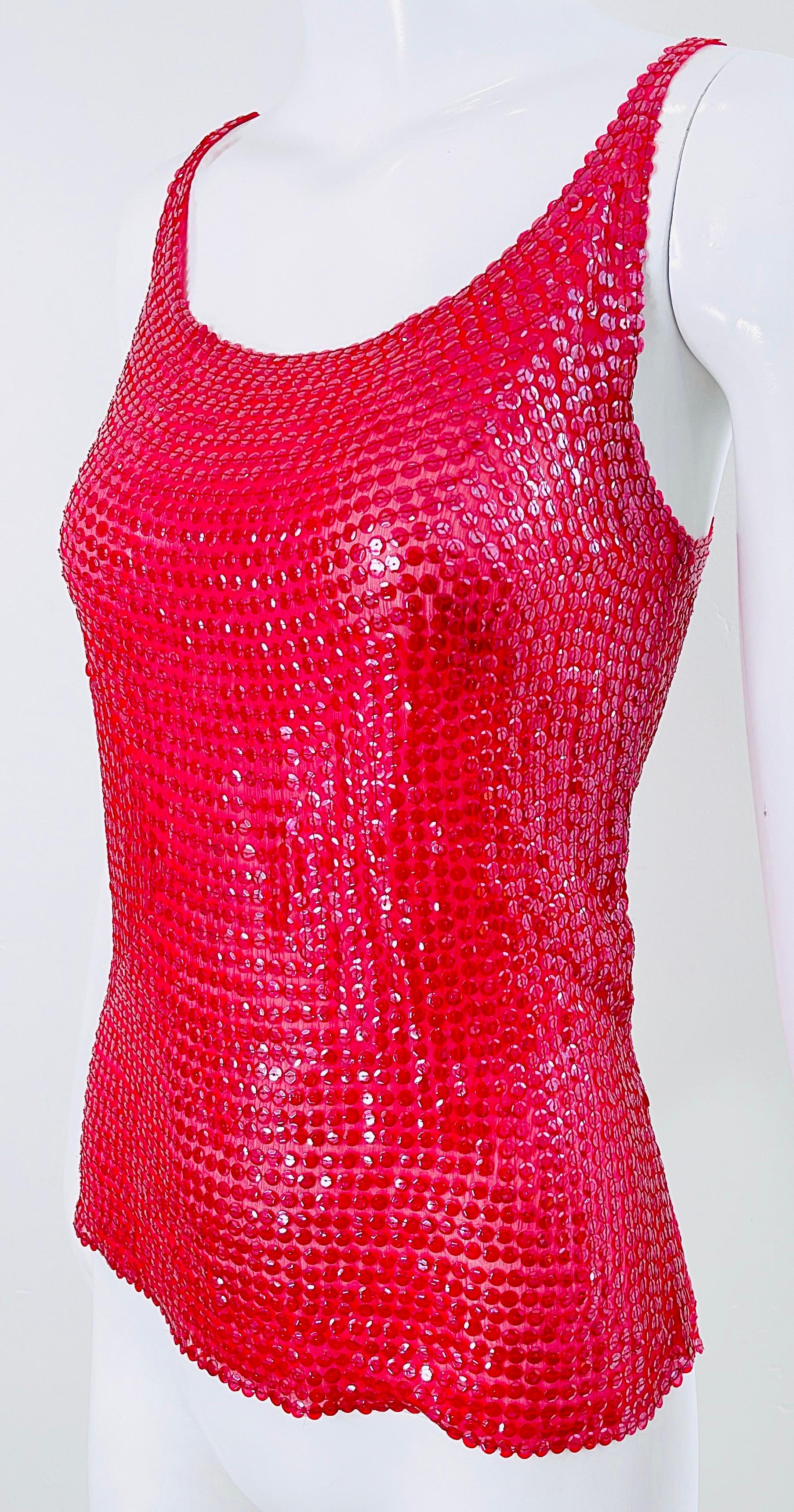 Halston 1970s Lipstick Red Silk Chiffon Fully Sequin Vintage 70s Sleeveless Top For Sale 3