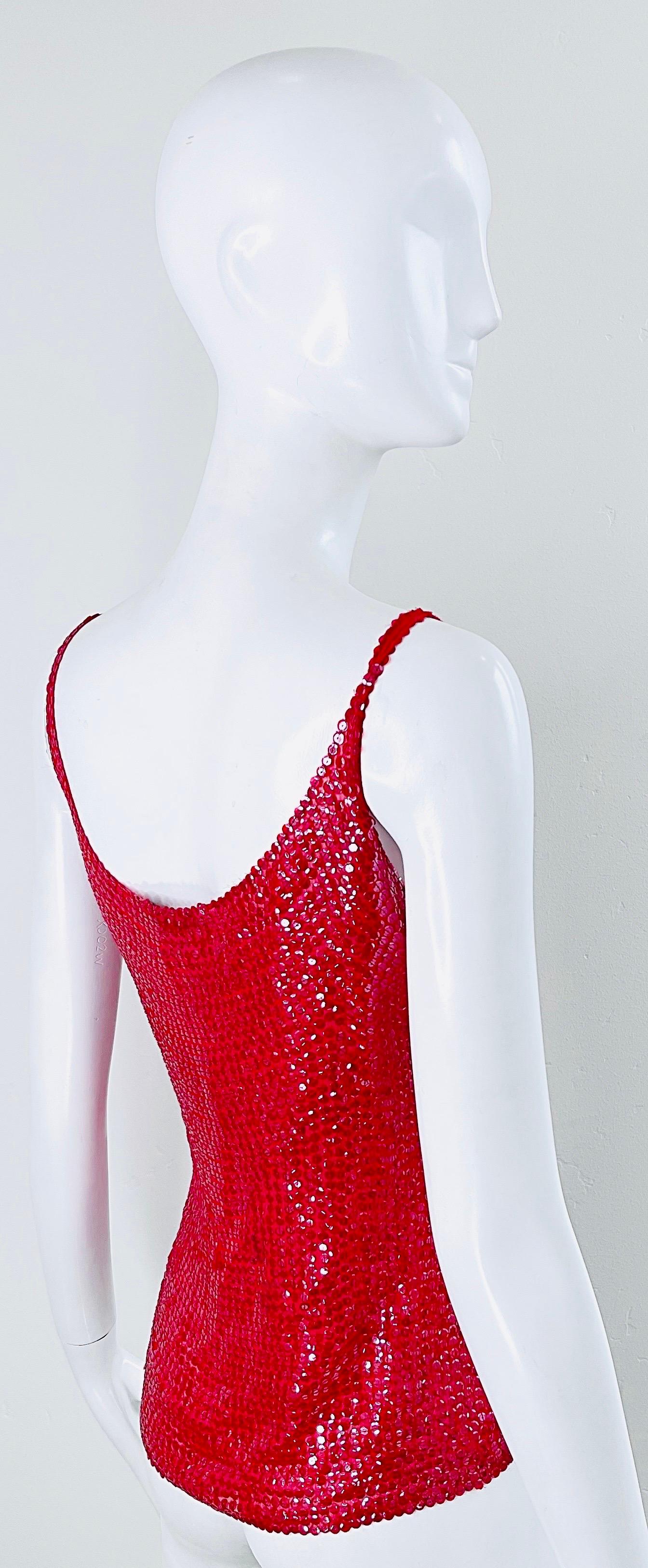 Halston 1970s Lipstick Red Silk Chiffon Fully Sequin Vintage 70s Sleeveless Top For Sale 4