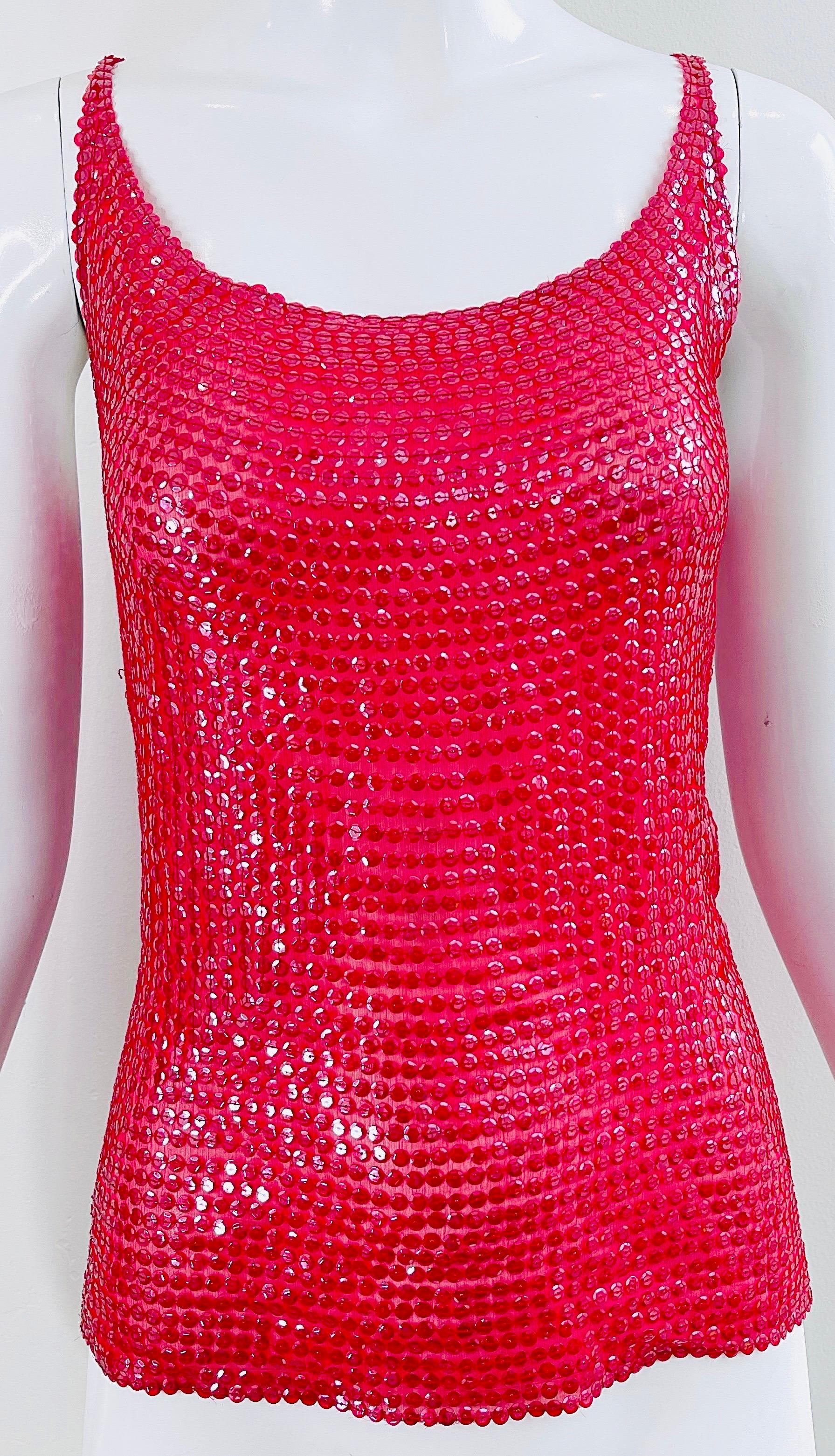 Halston 1970s Lipstick Red Silk Chiffon Fully Sequin Vintage 70s Sleeveless Top For Sale 5