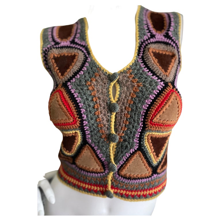 Halston 1970's Macrame Suede Rich Hippie Vest For Sale at 1stDibs