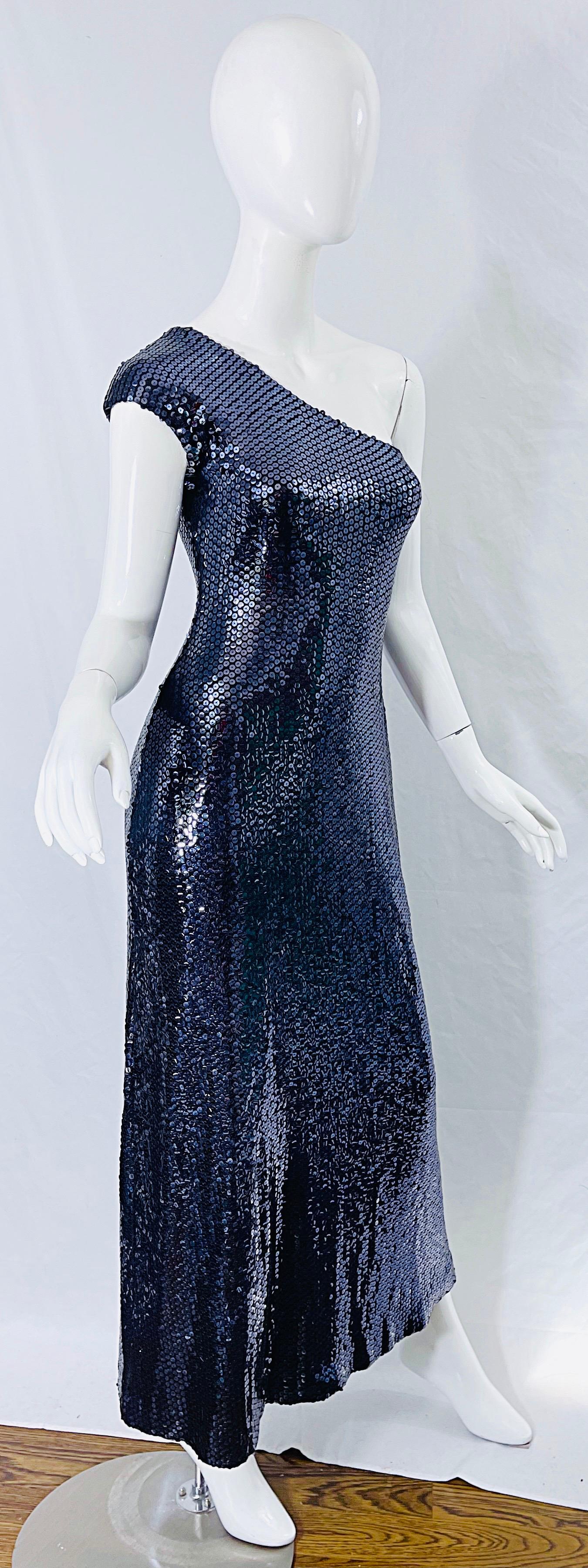 Halston 1970s Navy Blue Sequin One Shoulder Silk Jersey Vintage 70s Gown + Shawl 4