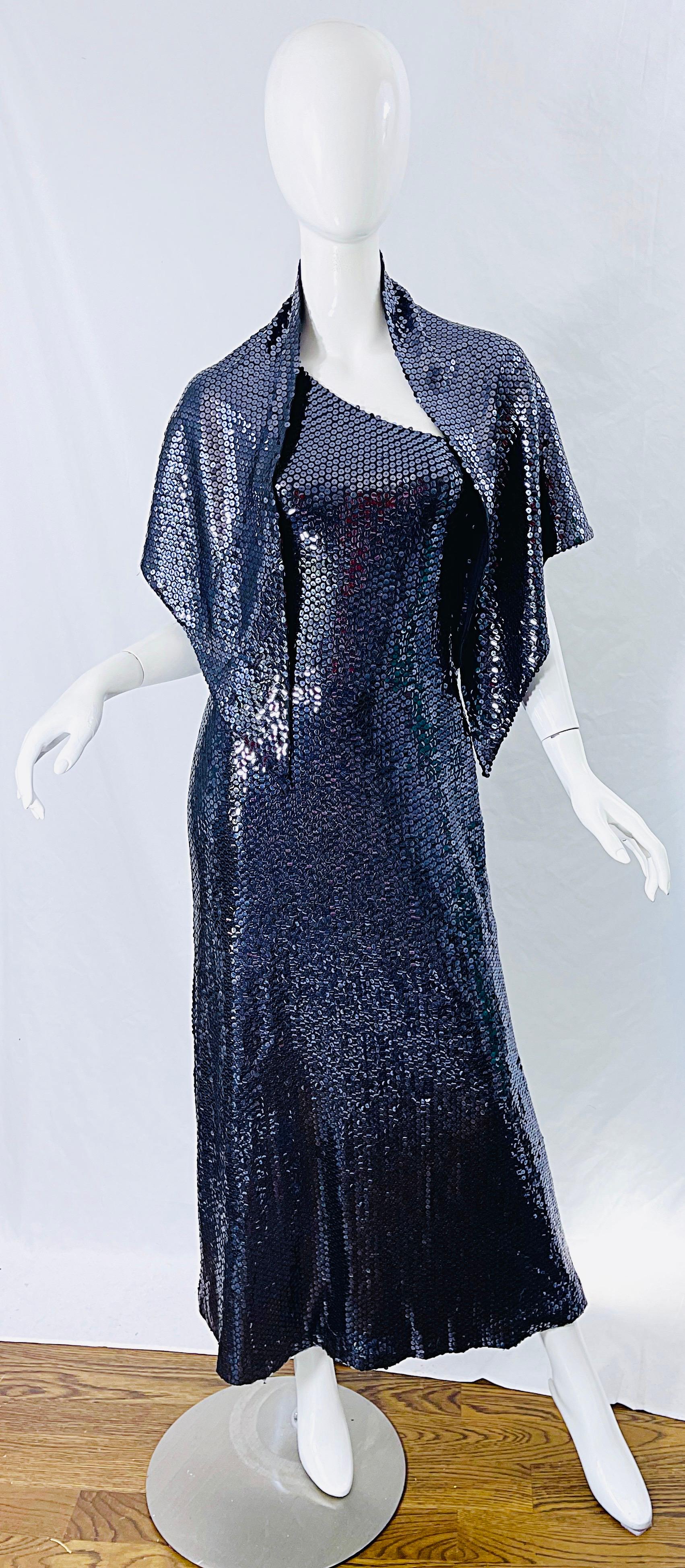 Halston 1970s Navy Blue Sequin One Shoulder Silk Jersey Vintage 70s Gown + Shawl 6