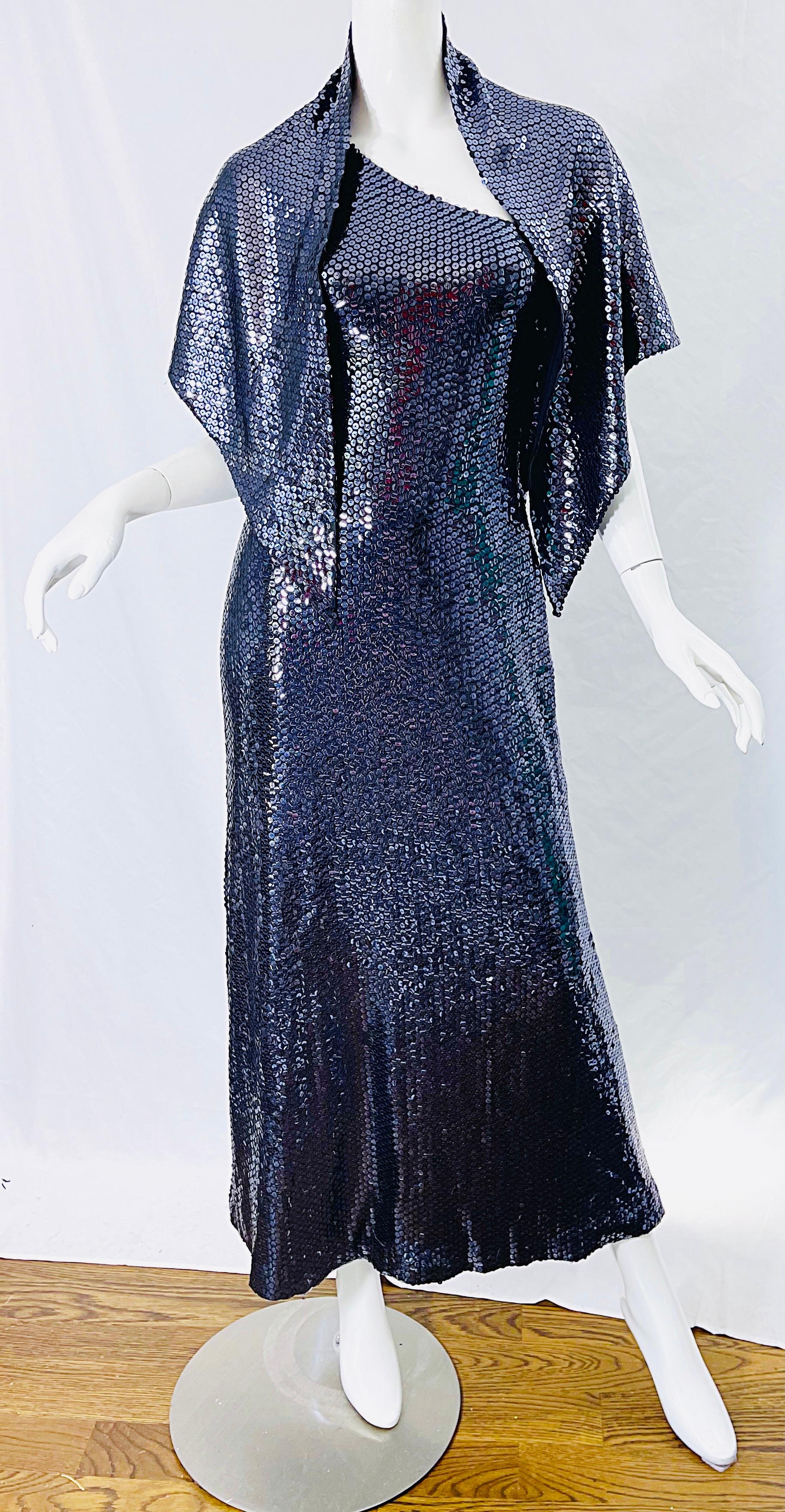 Halston 1970s Navy Blue Sequin One Shoulder Silk Jersey Vintage 70s Gown + Shawl 9