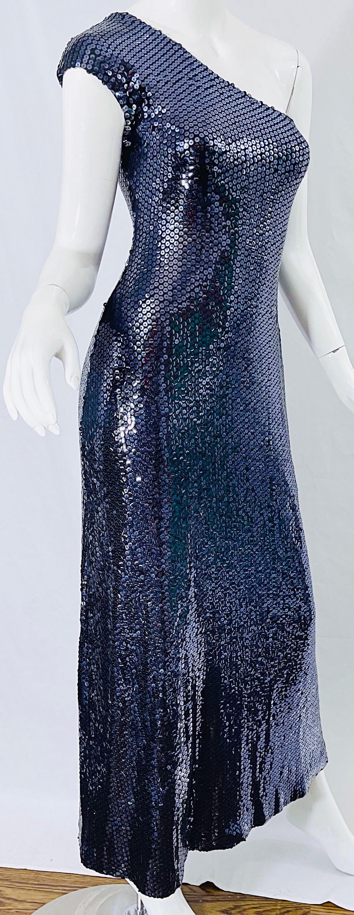 Halston 1970s Navy Blue Sequin One Shoulder Silk Jersey Vintage 70s Gown + Shawl 1